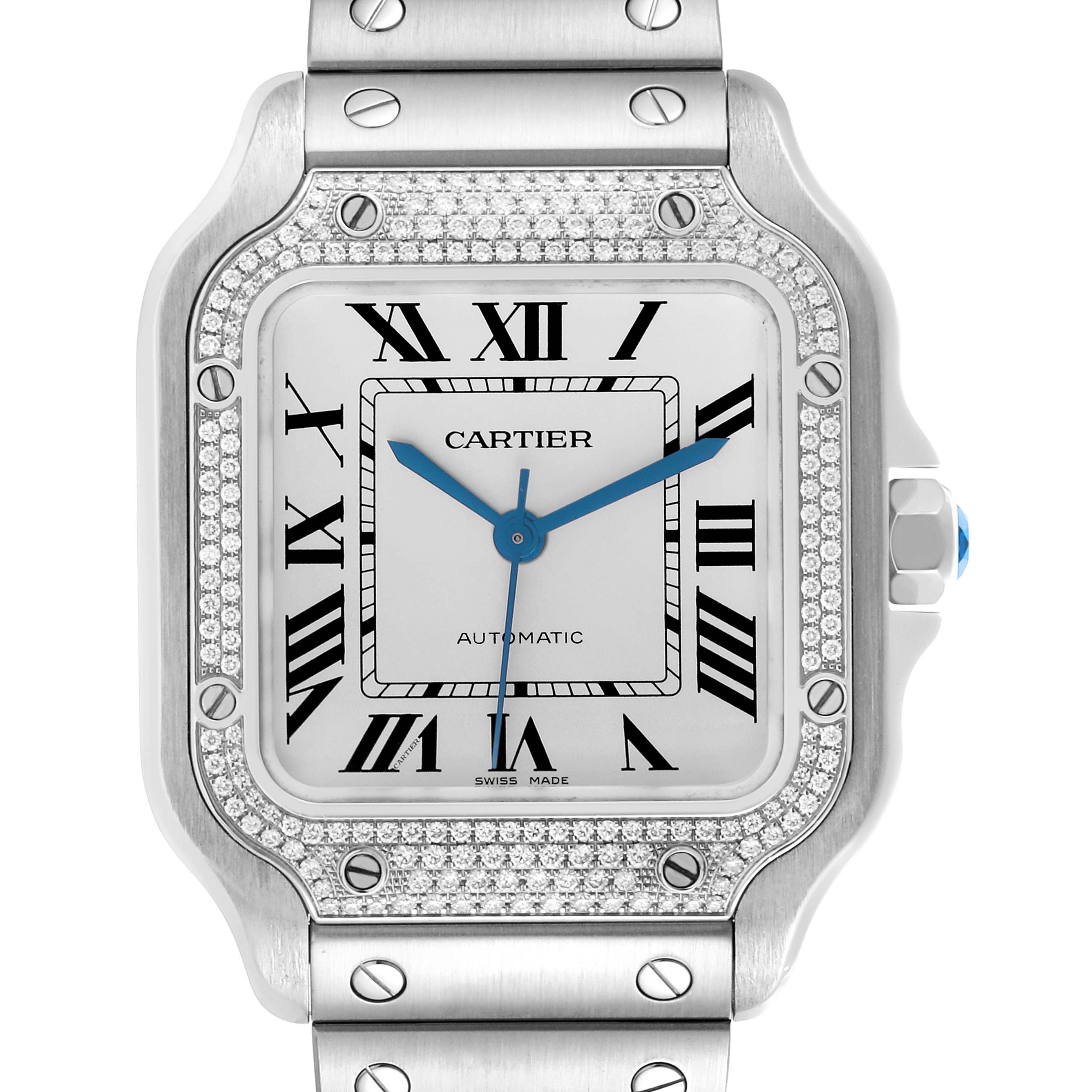 The Cartier Santos W4SA0005 Men's Stainless Steel Silver Dial W4SA0005 Men's Stainless Steel Silver Dial watch is shown from the front, highlighting its square face, Roman numerals, and diamond-encrusted bezel.