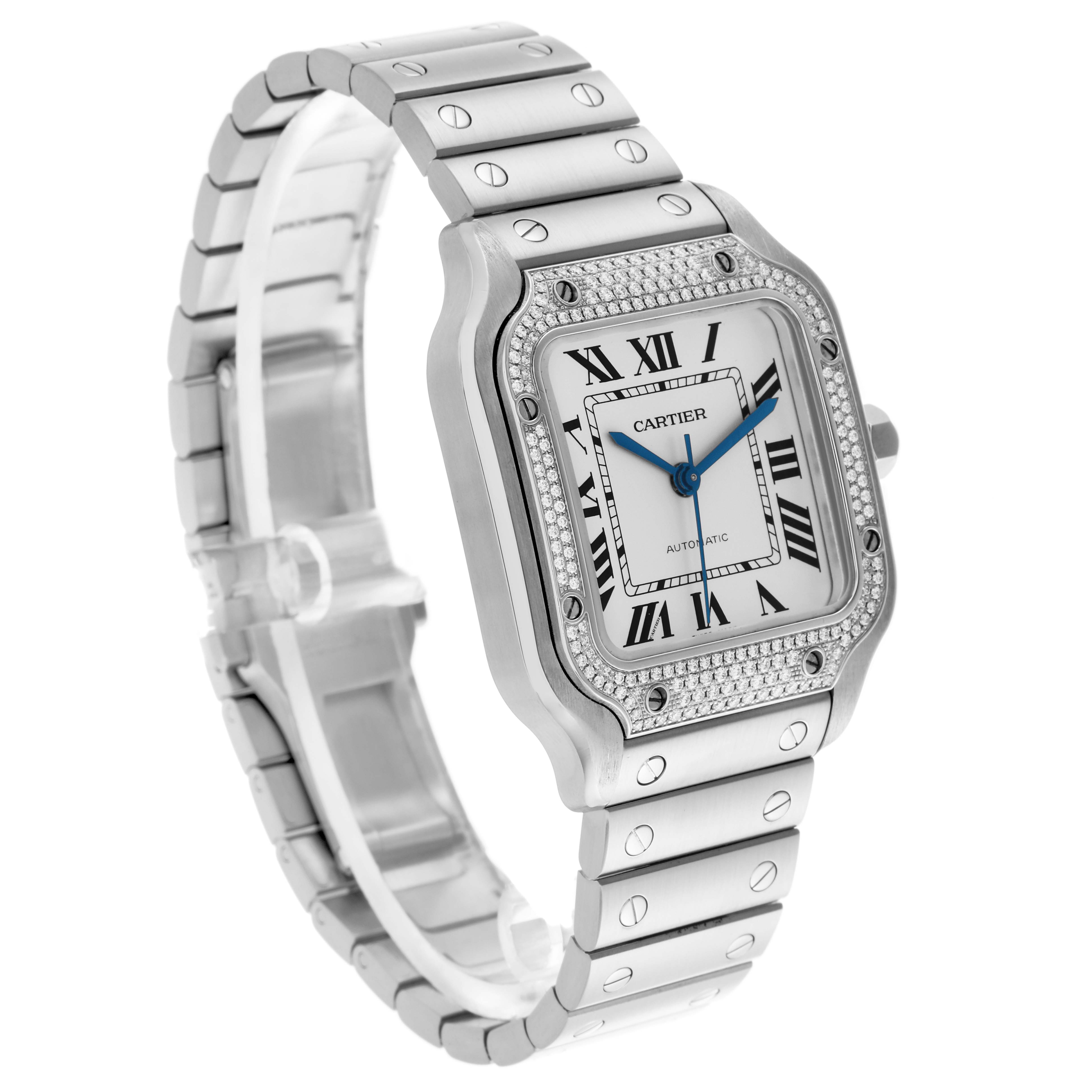 The Cartier Santos W4SA0005 Men's Stainless Steel Silver Dial W4SA0005 Men's Stainless Steel Silver Dial watch is shown at a three-quarter angle, highlighting its bracelet, bezel, and face with blue hands.