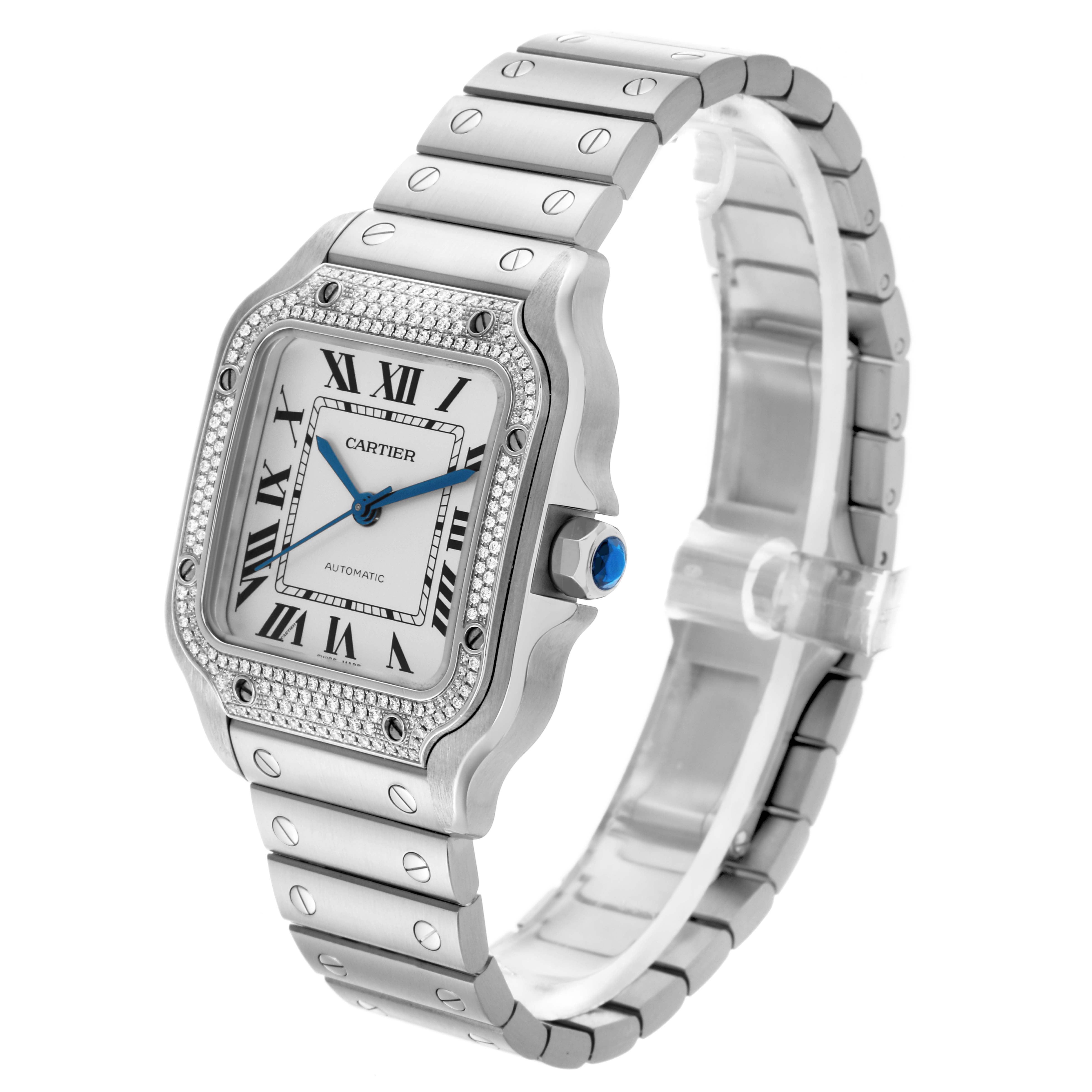 The Cartier Santos W4SA0005 Men's Stainless Steel Silver Dial W4SA0005 Men's Stainless Steel Silver Dial watch is shown at a three-quarter angle, featuring the face, bezel, bracelet, and blue crown.