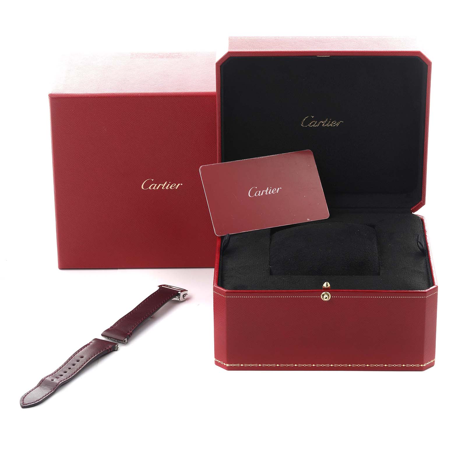 The image shows a Cartier Santos W4SA0005 Men's Stainless Steel Silver Dial W4SA0005 Men's Stainless Steel Silver Dial watch box, card, and a leather strap from a side angle.