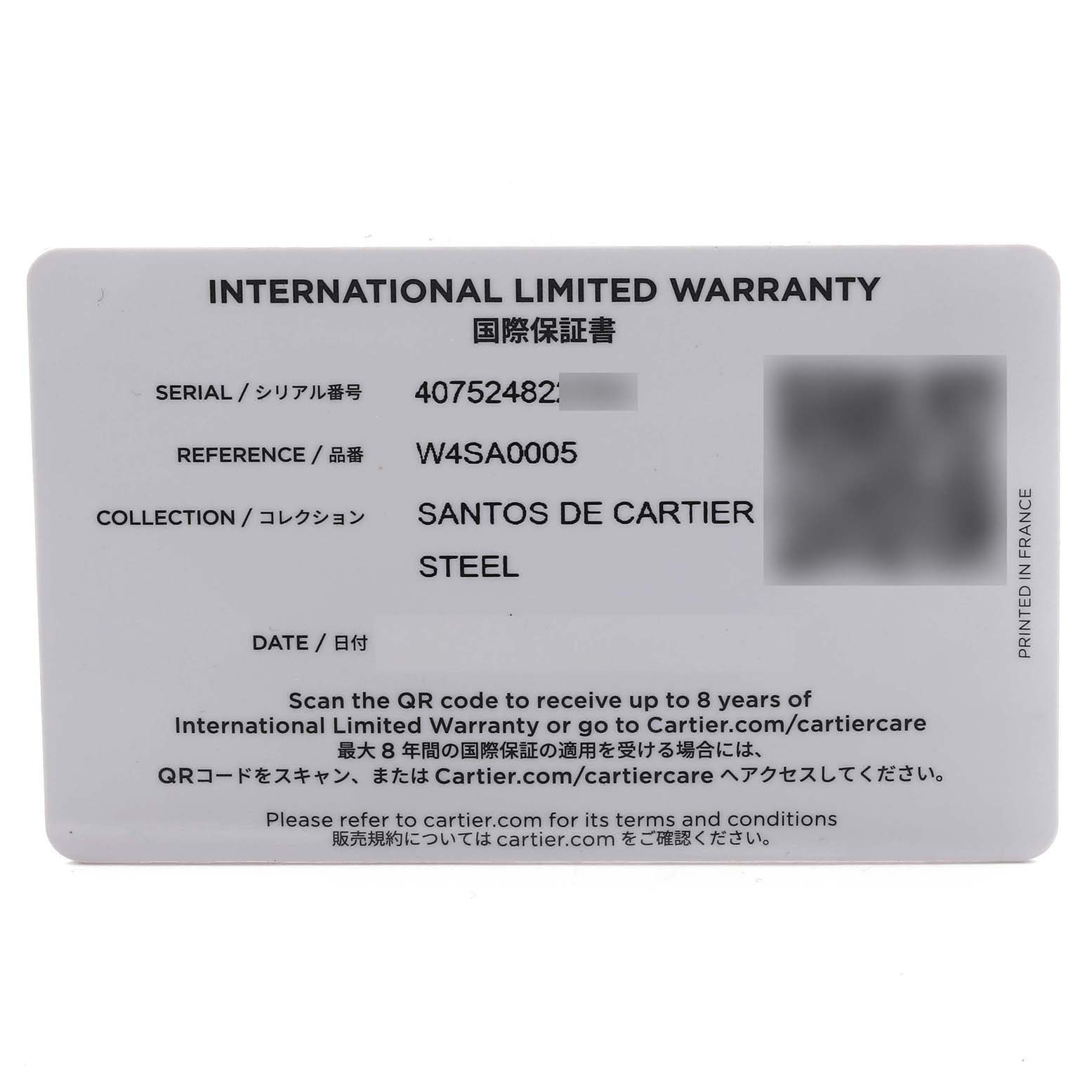 The image shows an International Limited Warranty card for the Cartier Santos W4SA0005 Men's Stainless Steel Silver Dial W4SA0005 Men's Stainless Steel Silver Dial model, including the serial and reference numbers.