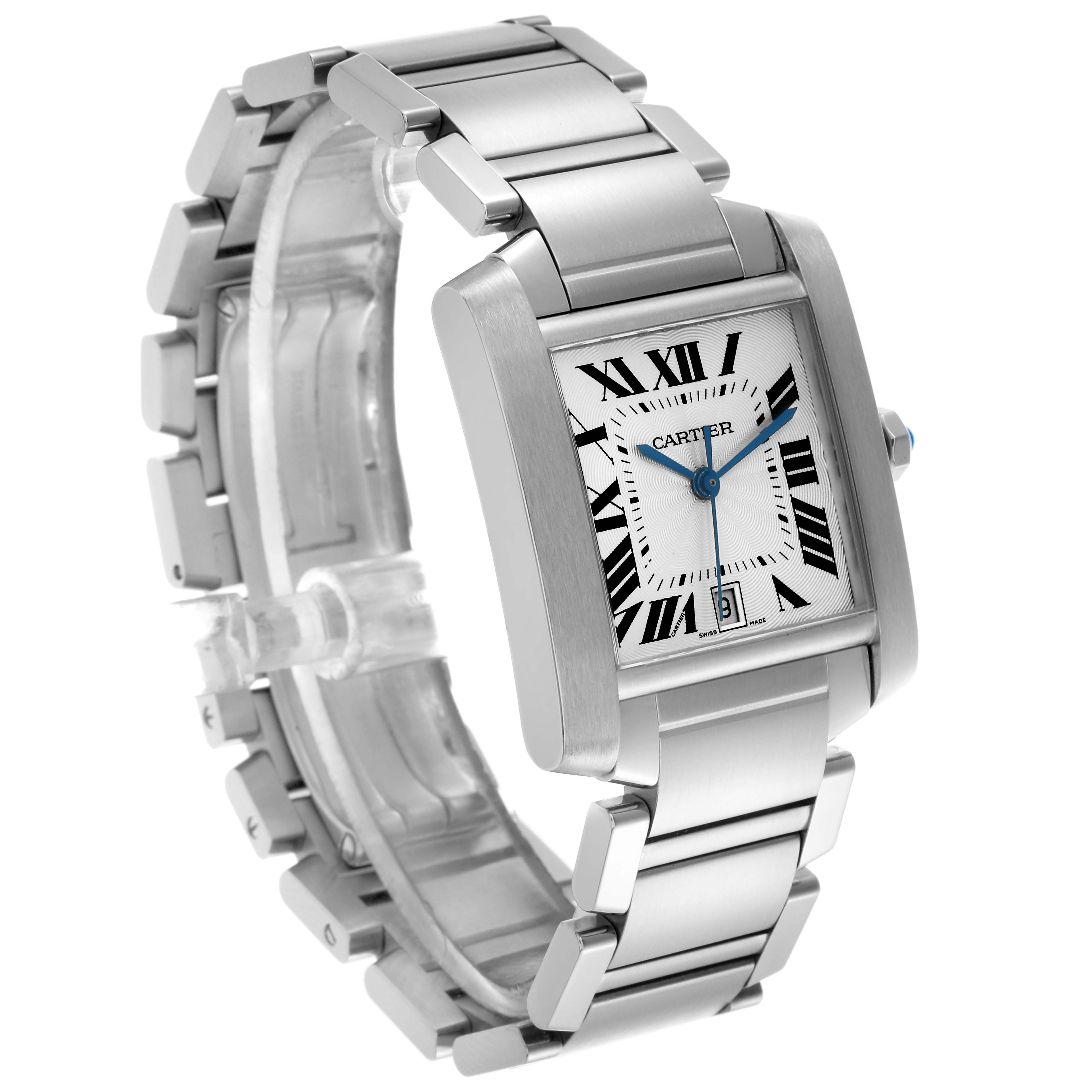 The Cartier Tank Francaise W51002Q3 Men's Stainless Steel Silver Dial W51002Q3 Men's Stainless Steel Silver Dial watch is shown at a three-quarter angle displaying the bracelet, case, and face with Roman numerals.