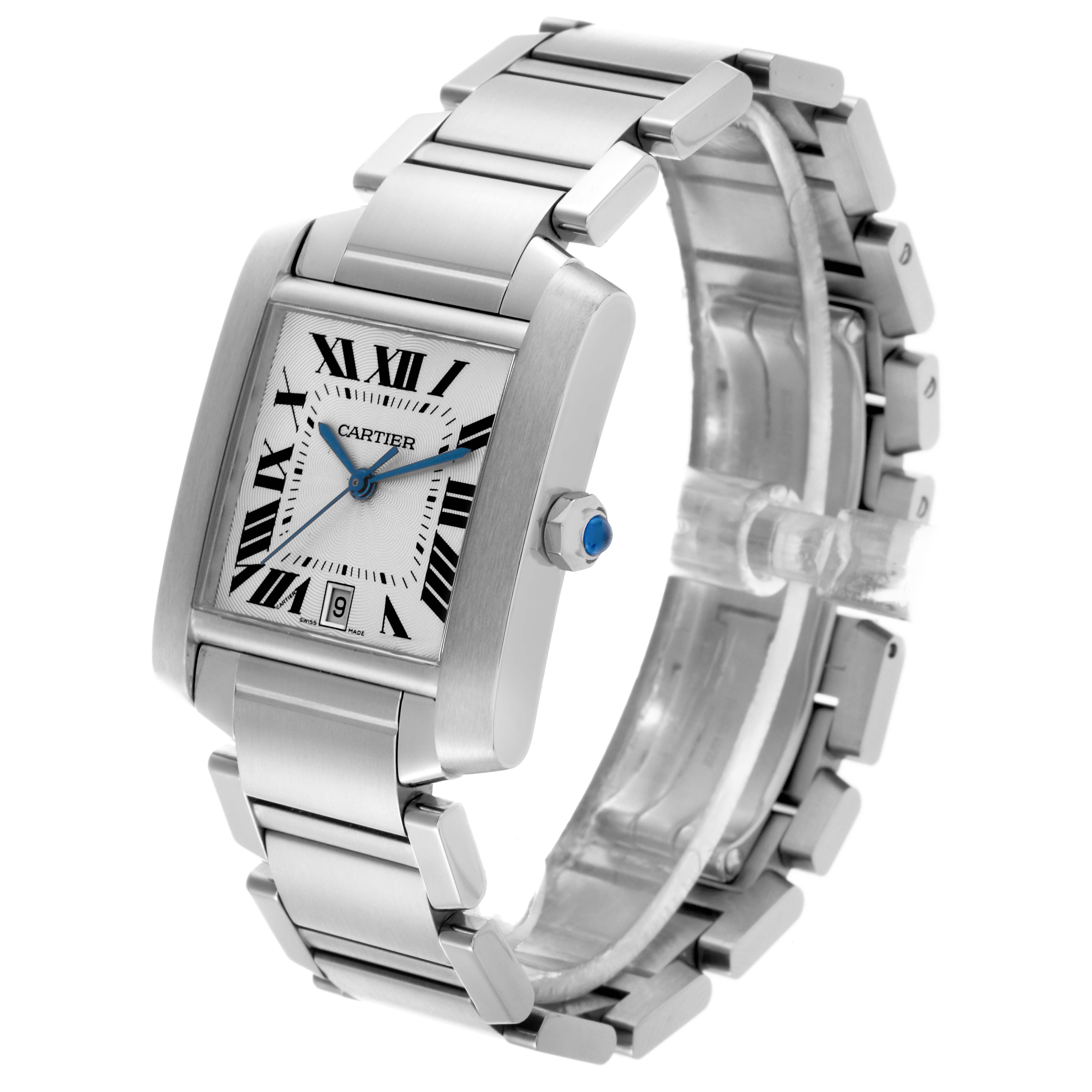 The Cartier Tank Francaise W51002Q3 Men's Stainless Steel Silver Dial W51002Q3 Men's Stainless Steel Silver Dial watch is shown from a three-quarter angle, displaying the dial, crown, and bracelet.