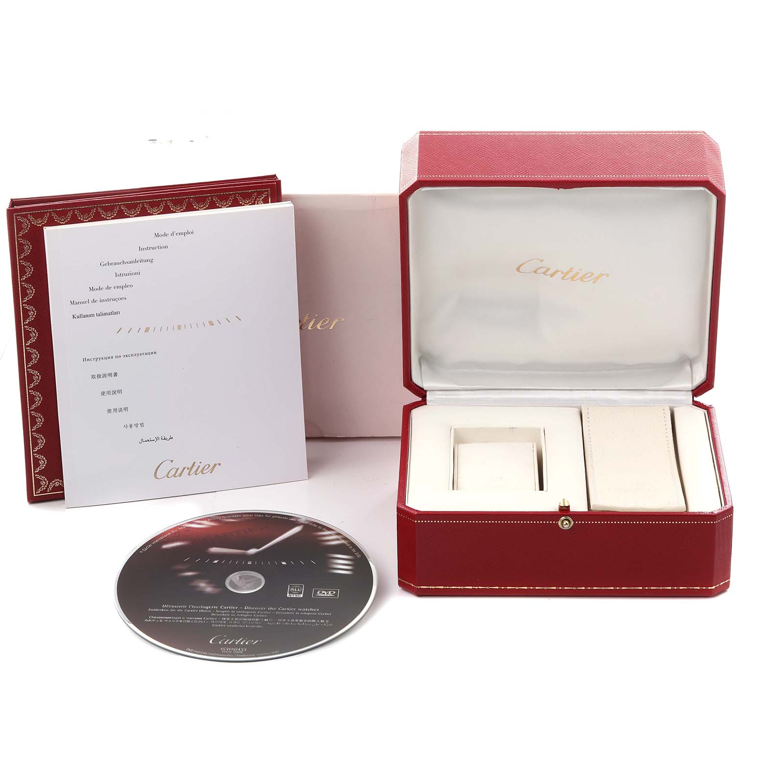 The image shows a Cartier Tank Francaise W51002Q3 Men's Stainless Steel Silver Dial W51002Q3 Men's Stainless Steel Silver Dial watch box, manual, and CD from a slightly above angle.