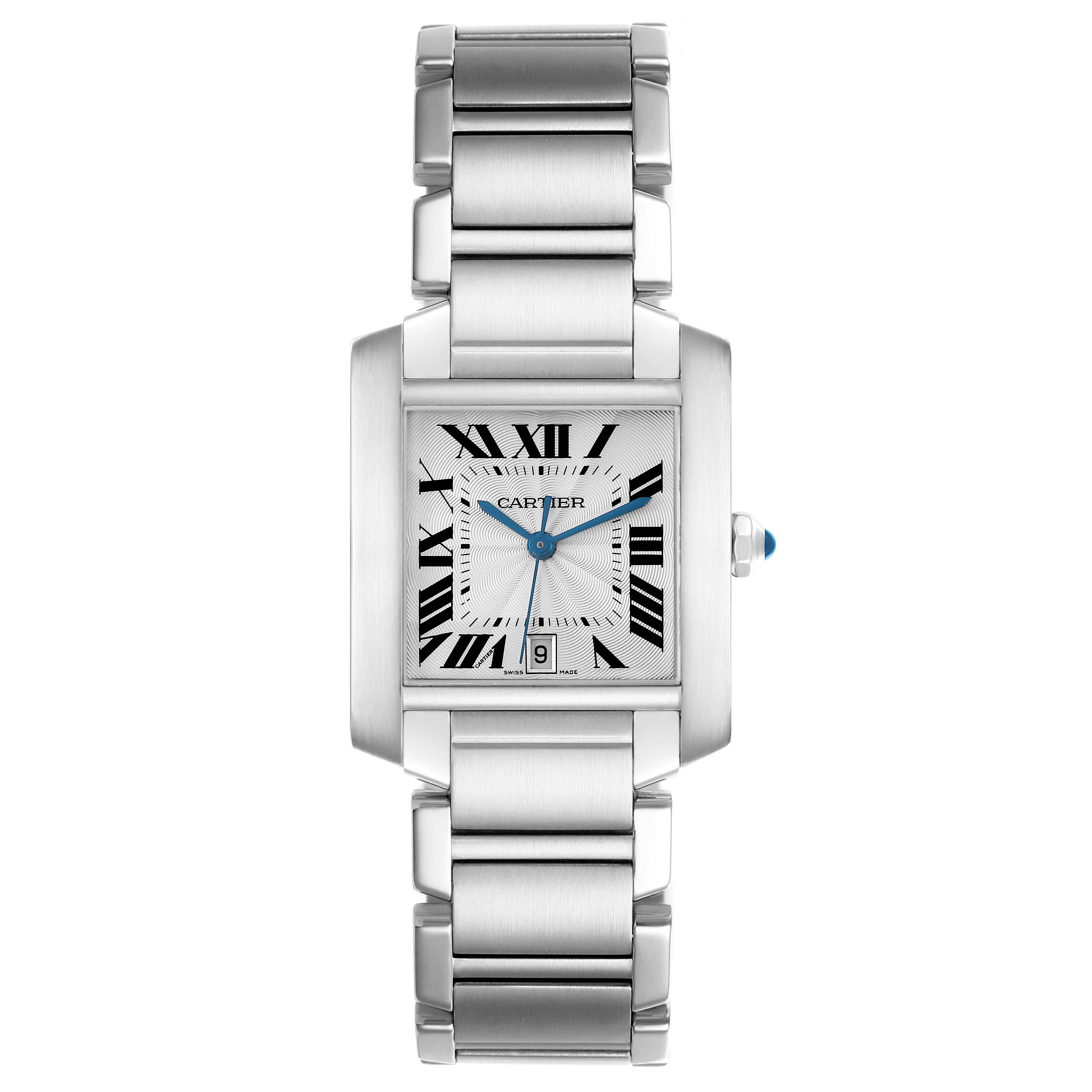 The Cartier Tank Francaise W51002Q3 Men's Stainless Steel Silver Dial W51002Q3 Men's Stainless Steel Silver Dial watch is shown from a top-down angle, displaying the face, Roman numeral indices, and metal bracelet.