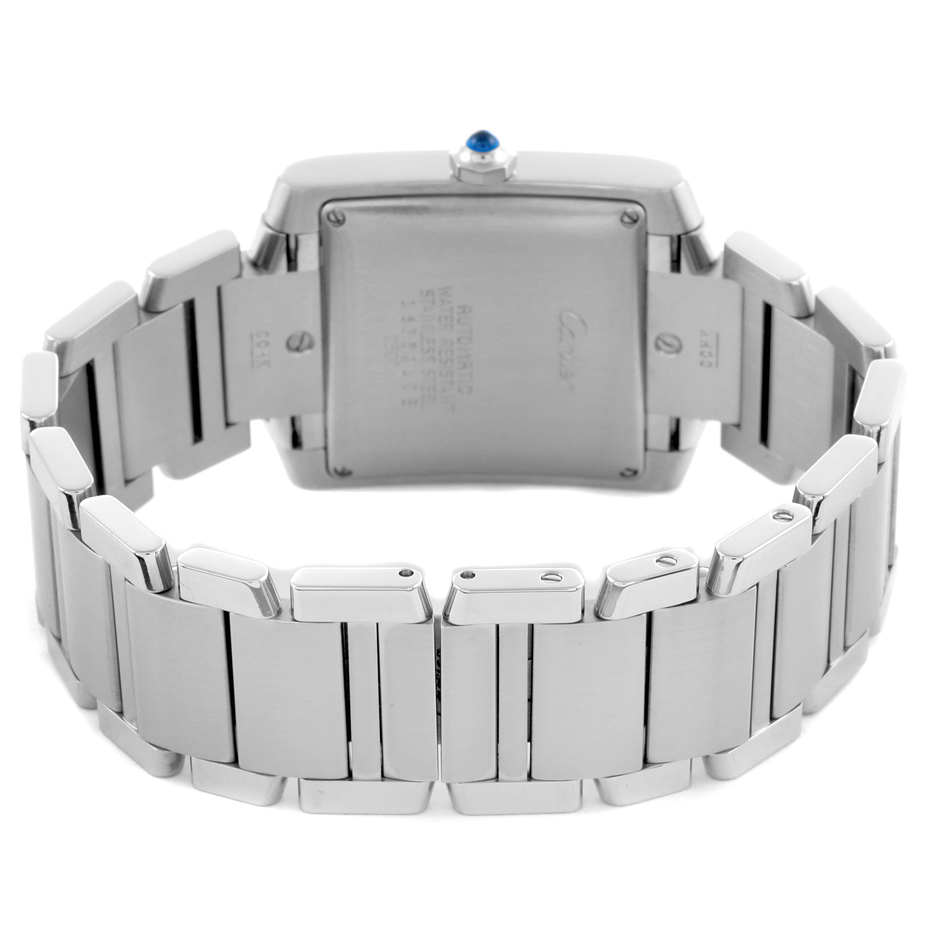 The image shows the back view of a Cartier Tank Française watch, highlighting the bracelet and case back details.