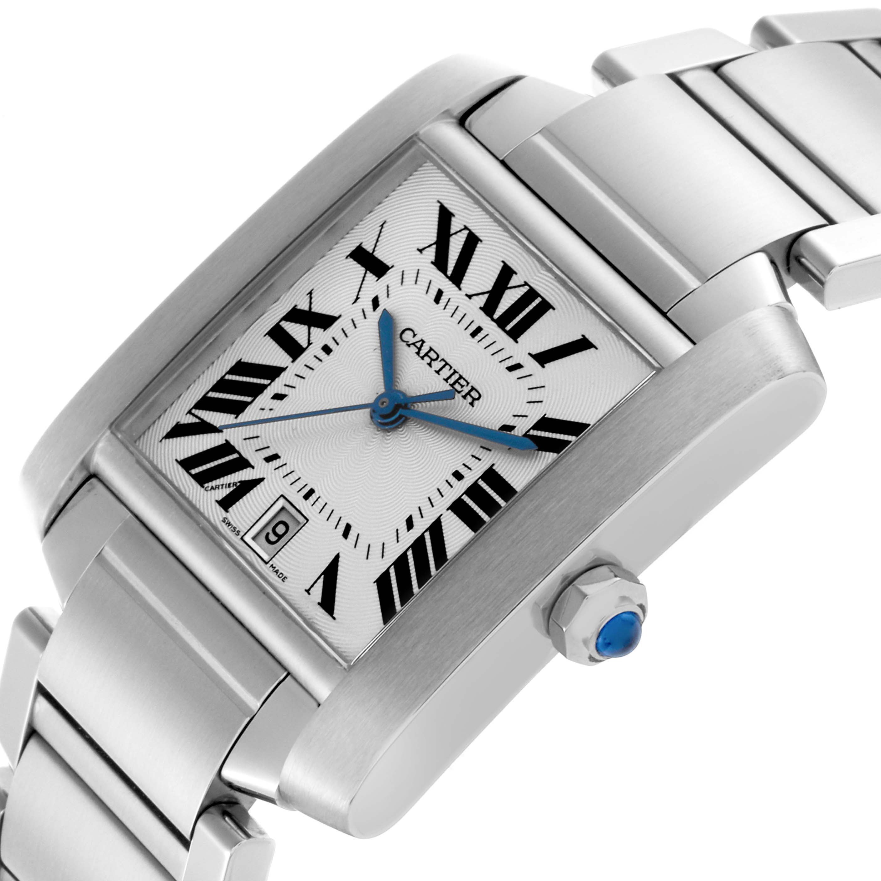 The Cartier Tank Francaise W51002Q3 Men's Stainless Steel Silver Dial W51002Q3 Men's Stainless Steel Silver Dial watch is shown at an angled close-up, highlighting the face, bracelet, and crown with a blue cabochon.