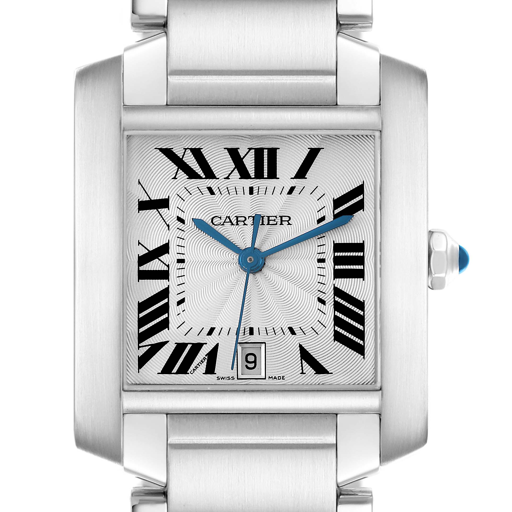 The Cartier Tank Française watch is shown from a front angle, highlighting the face, Roman numerals, and bracelet edges.