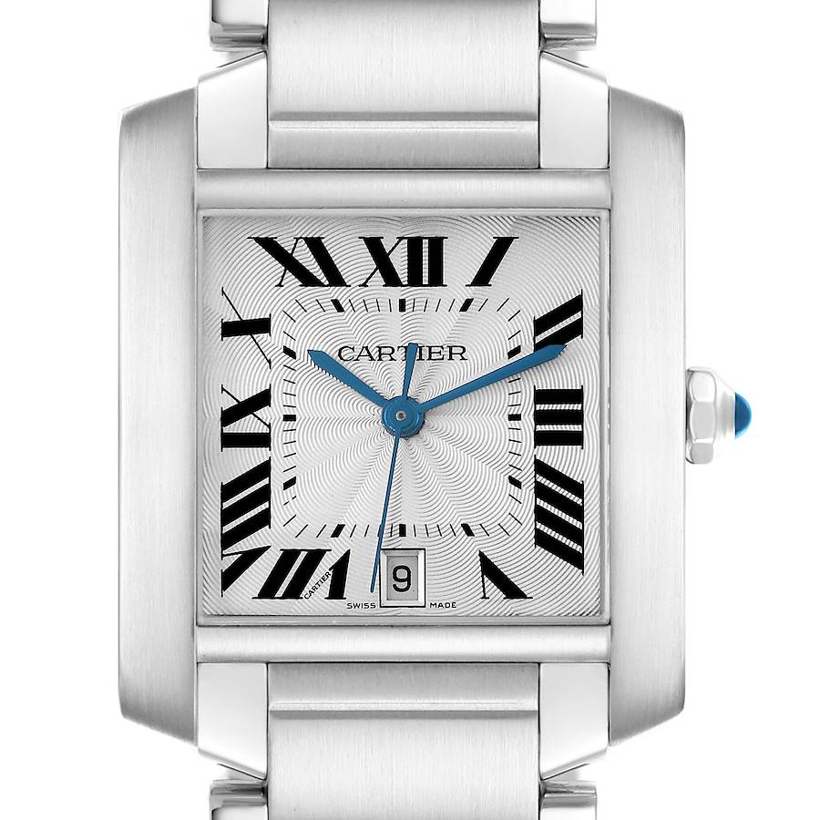 The Cartier Tank Française watch is shown from a front angle, highlighting the face, Roman numerals, and bracelet edges.