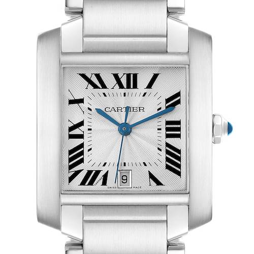 The Cartier Tank Francaise watch is shown from a front view, highlighting the square dial, Roman numerals, blue hands, and metal bracelet.