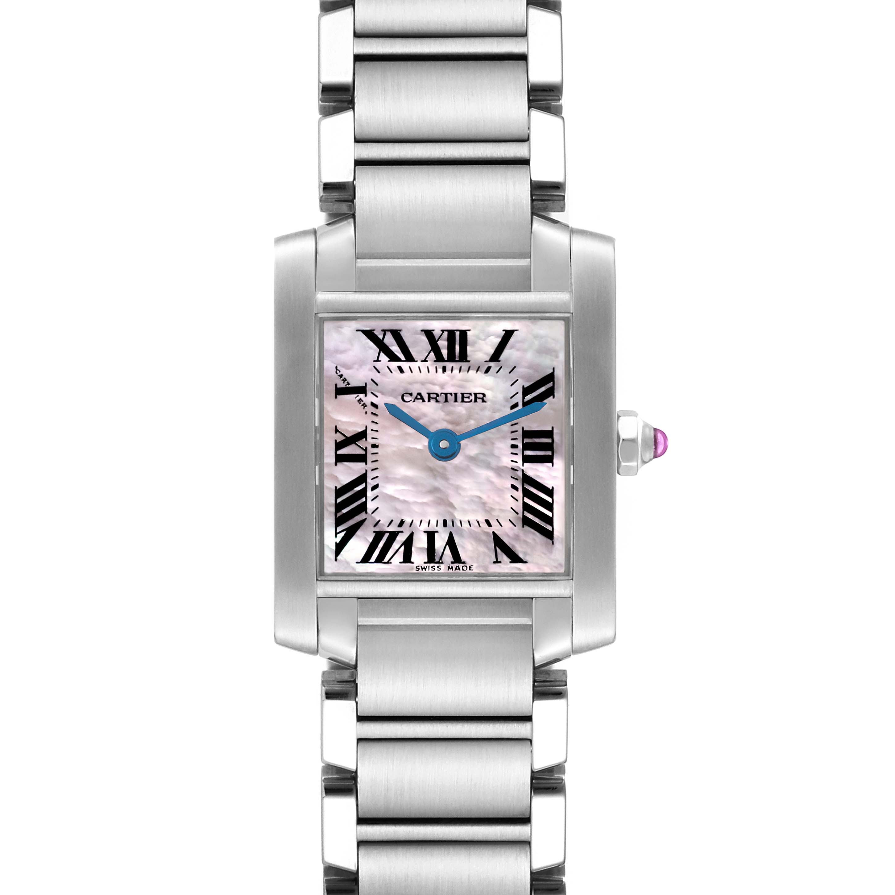The image shows a top-down view of a Cartier Tank Francaise W51028Q3 Women's Stainless Steel Mother of Pearl Dial W51028Q3 Women's Stainless Steel Mother of Pearl Dial watch, highlighting its face, bracelet, and crown.
