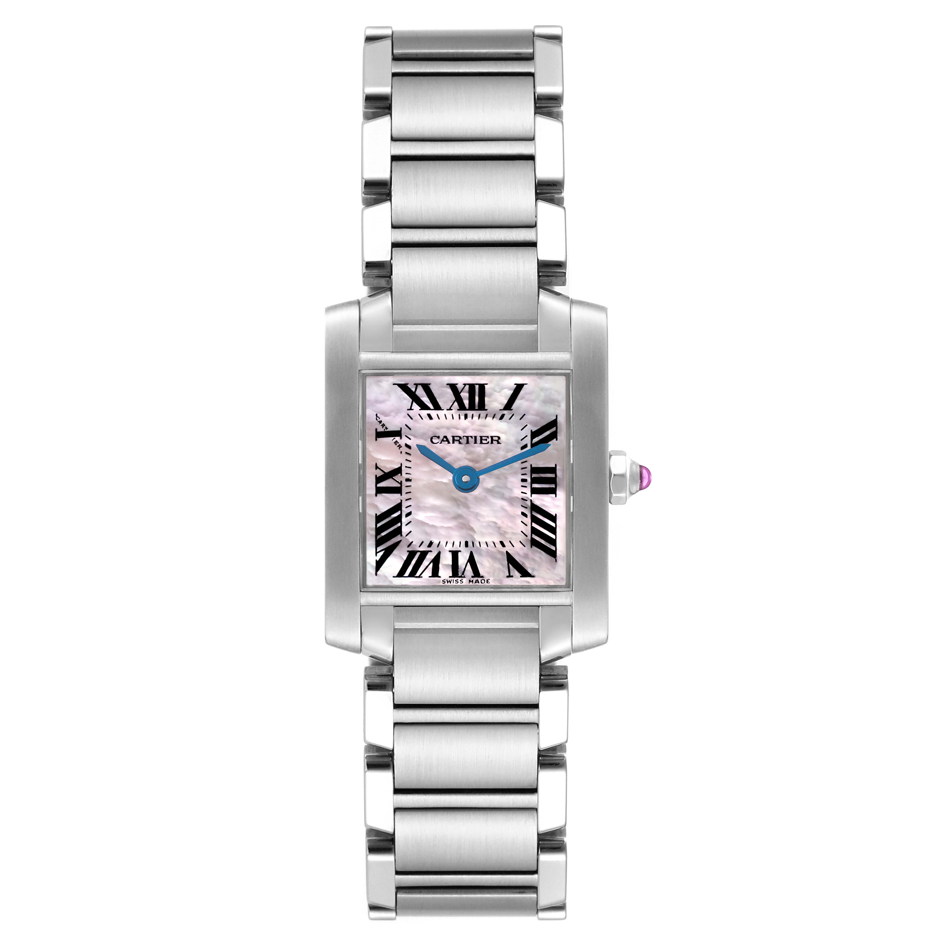The image shows a front view of the Tank Française watch by Cartier, displaying its rectangular face, dial, and metal bracelet.