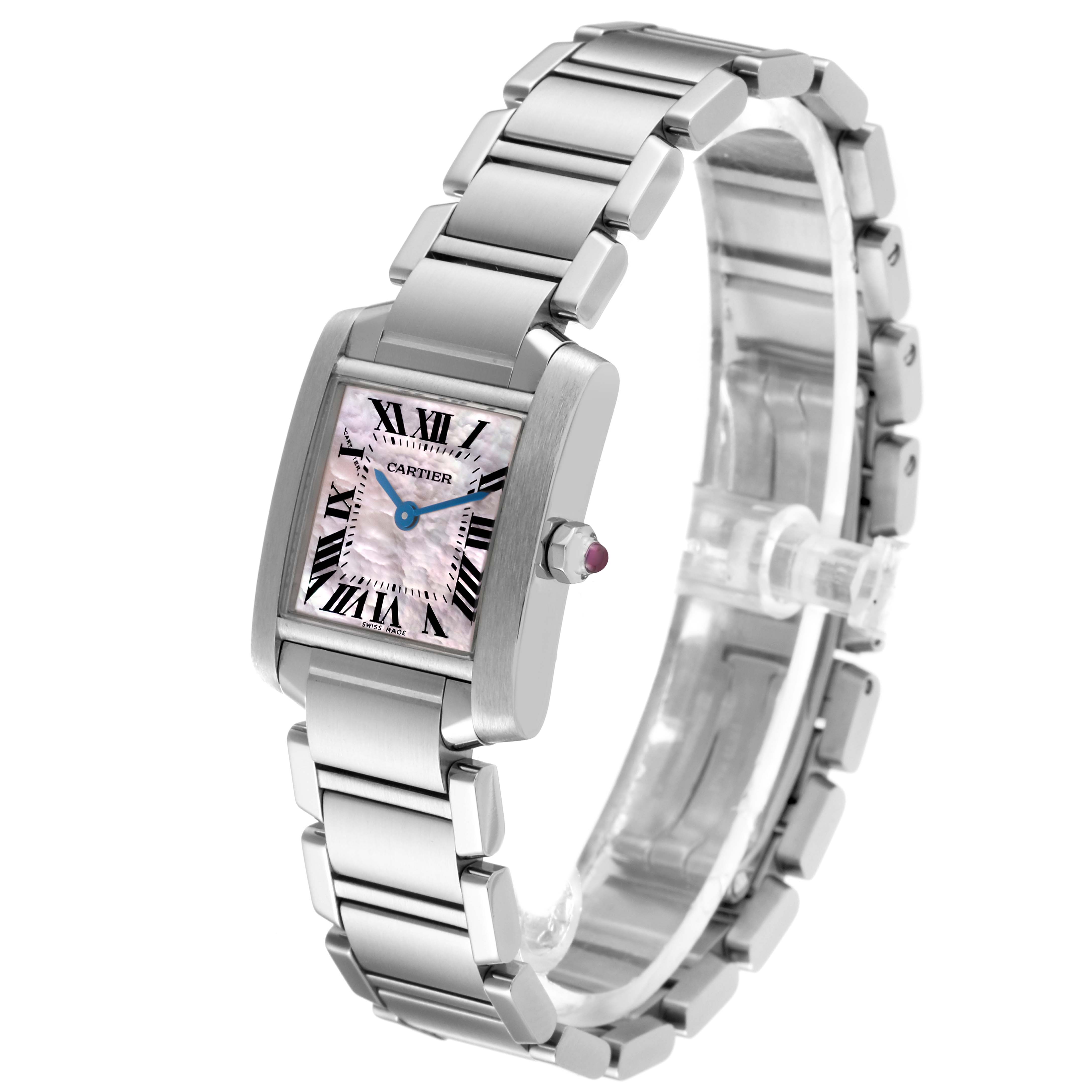 The image displays a Cartier Tank Francaise W51028Q3 Women's Stainless Steel Mother of Pearl Dial W51028Q3 Women's Stainless Steel Mother of Pearl Dial watch at a three-quarter angle, showing its face, bezel, and metal bracelet.