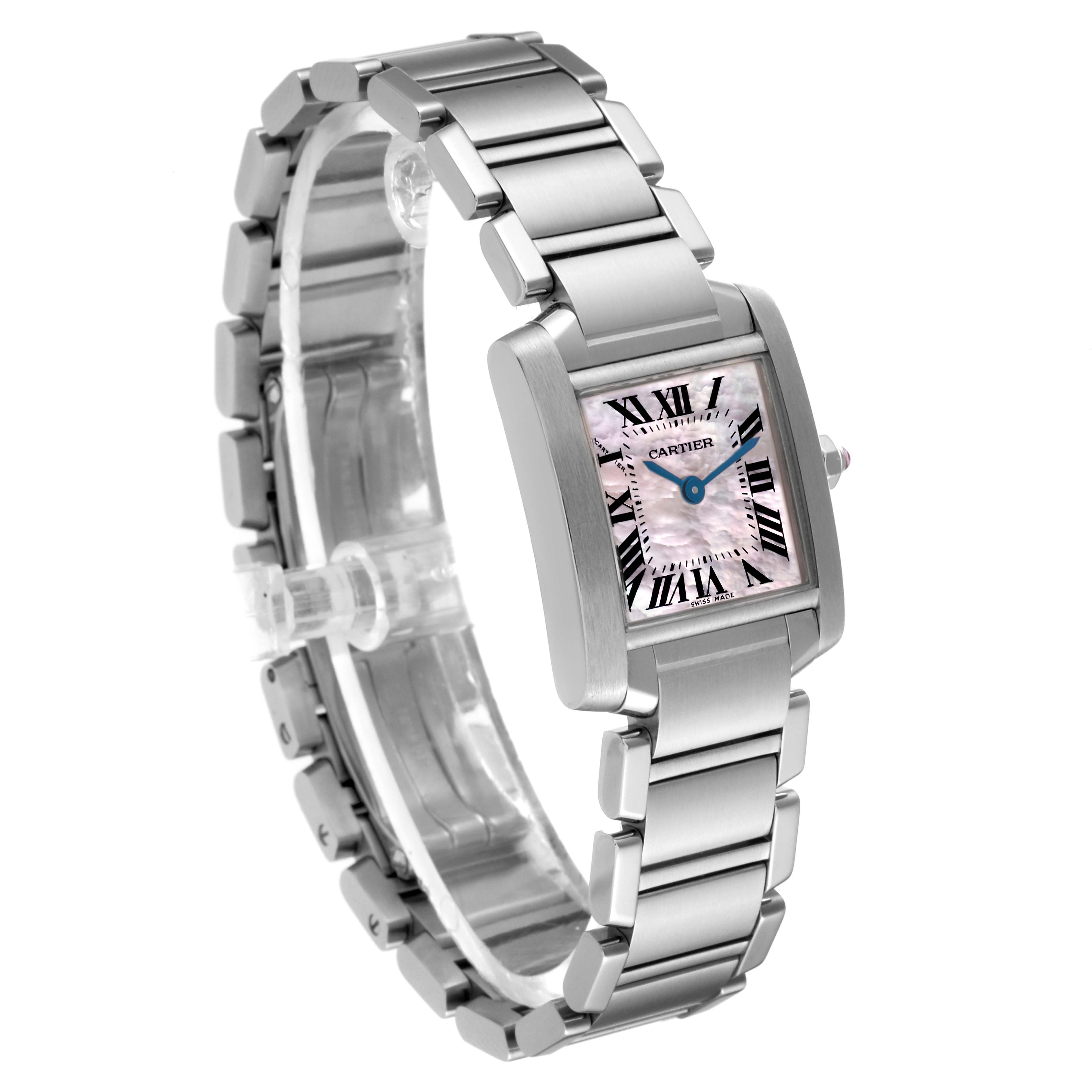 The Cartier Tank Francaise W51028Q3 Women's Stainless Steel Mother of Pearl Dial W51028Q3 Women's Stainless Steel Mother of Pearl Dial watch is shown at an angled view, highlighting its rectangular face and metal bracelet.