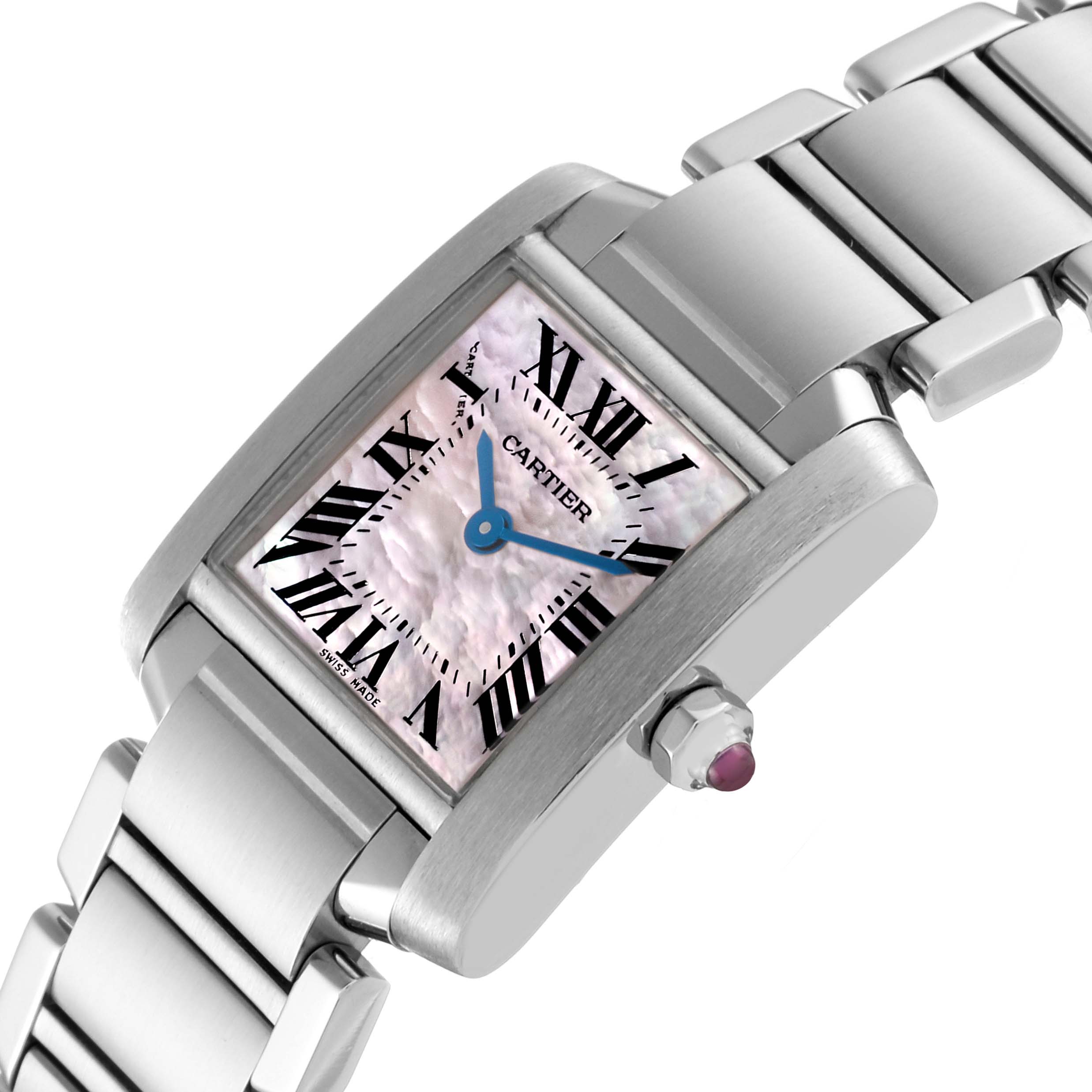 This image shows a close-up, angled view of the Cartier Tank Française watch, highlighting its face, bracelet, and crown.