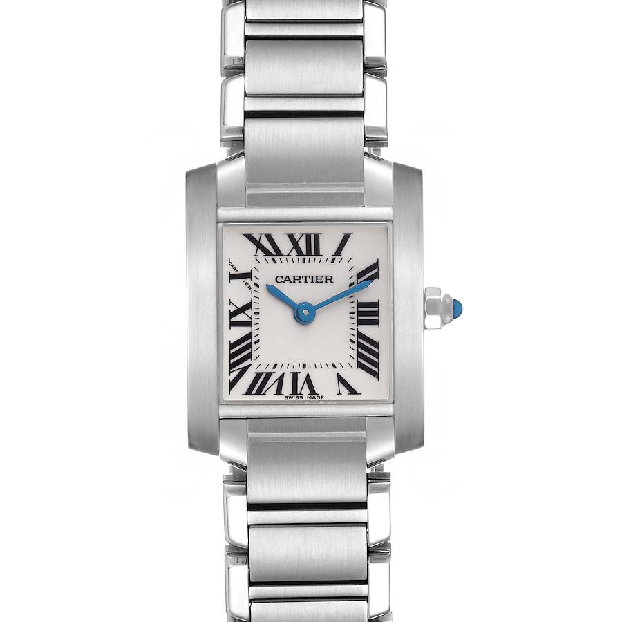 The Cartier Tank Française watch is shown from a front angle, displaying the case, dial, hands, and part of the bracelet.