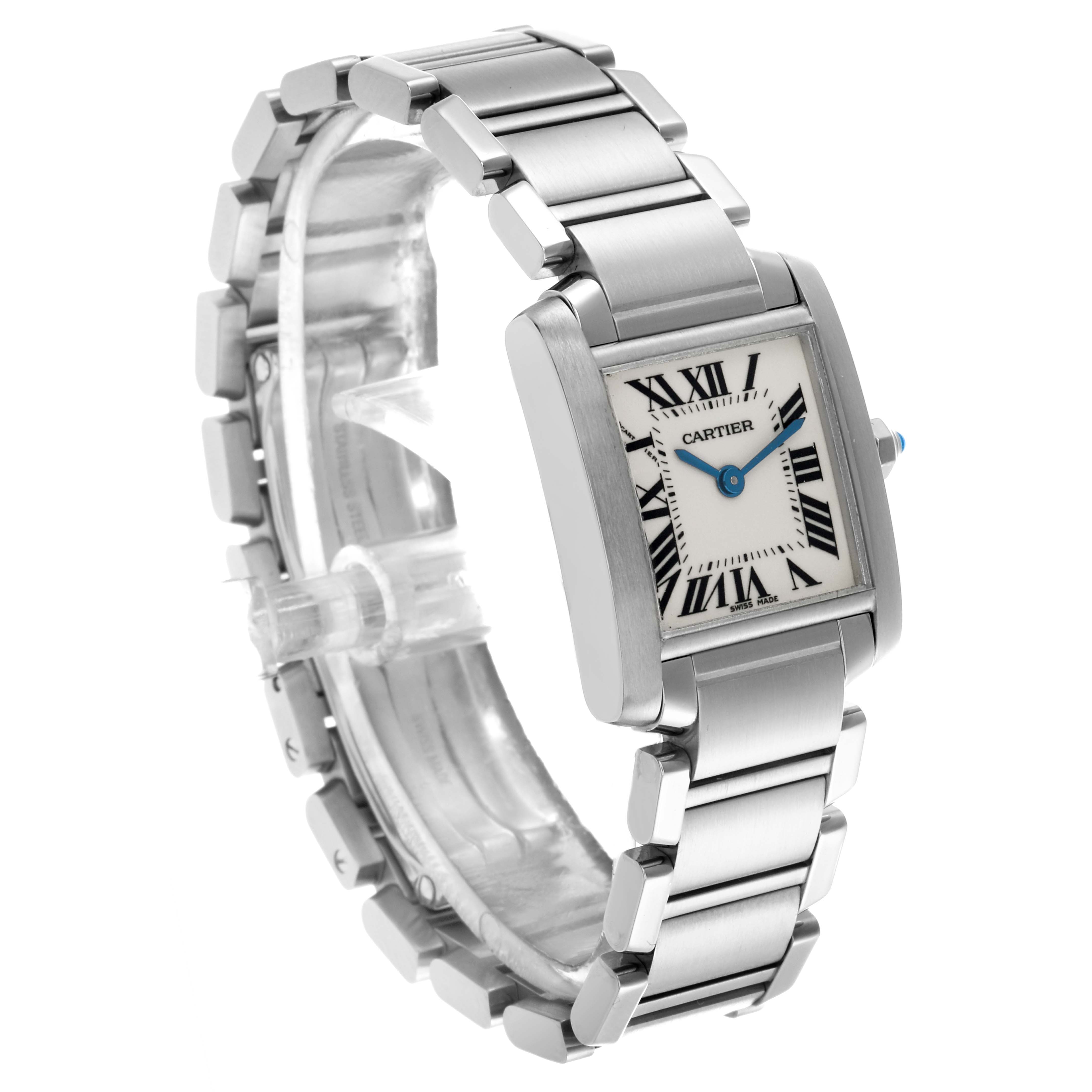 The Cartier Tank Francaise W51008Q3 Women's Stainless Steel Silver Dial W51008Q3 Women's Stainless Steel Silver Dial watch is shown at a three-quarter angle, featuring the face, bracelet, and crown.