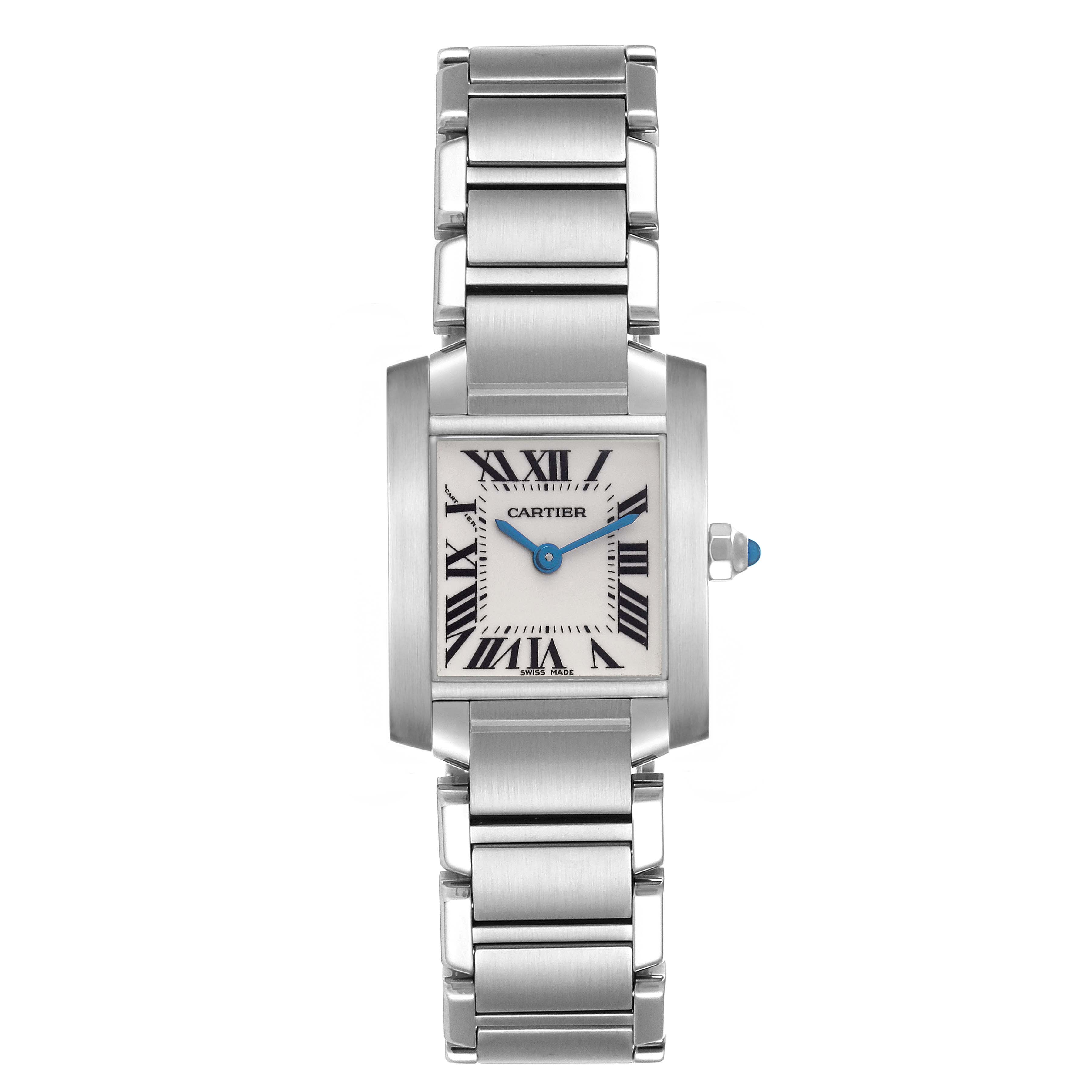 The Cartier Tank Française watch is shown from the front, displaying its stainless steel bracelet and rectangular face with Roman numerals.