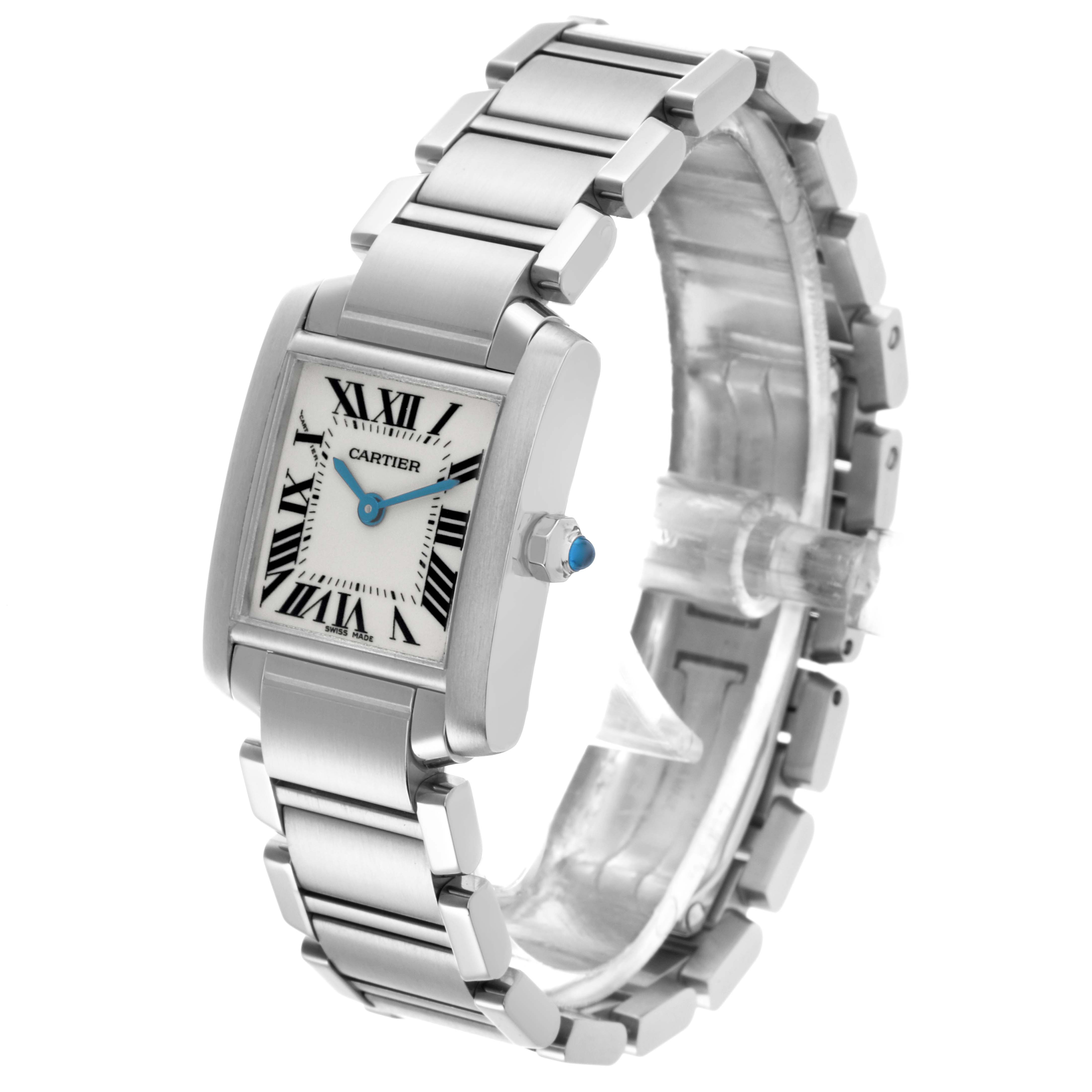 The Cartier Tank Française watch is shown at an oblique angle, highlighting its rectangular face, Roman numeral dial, and metal bracelet.