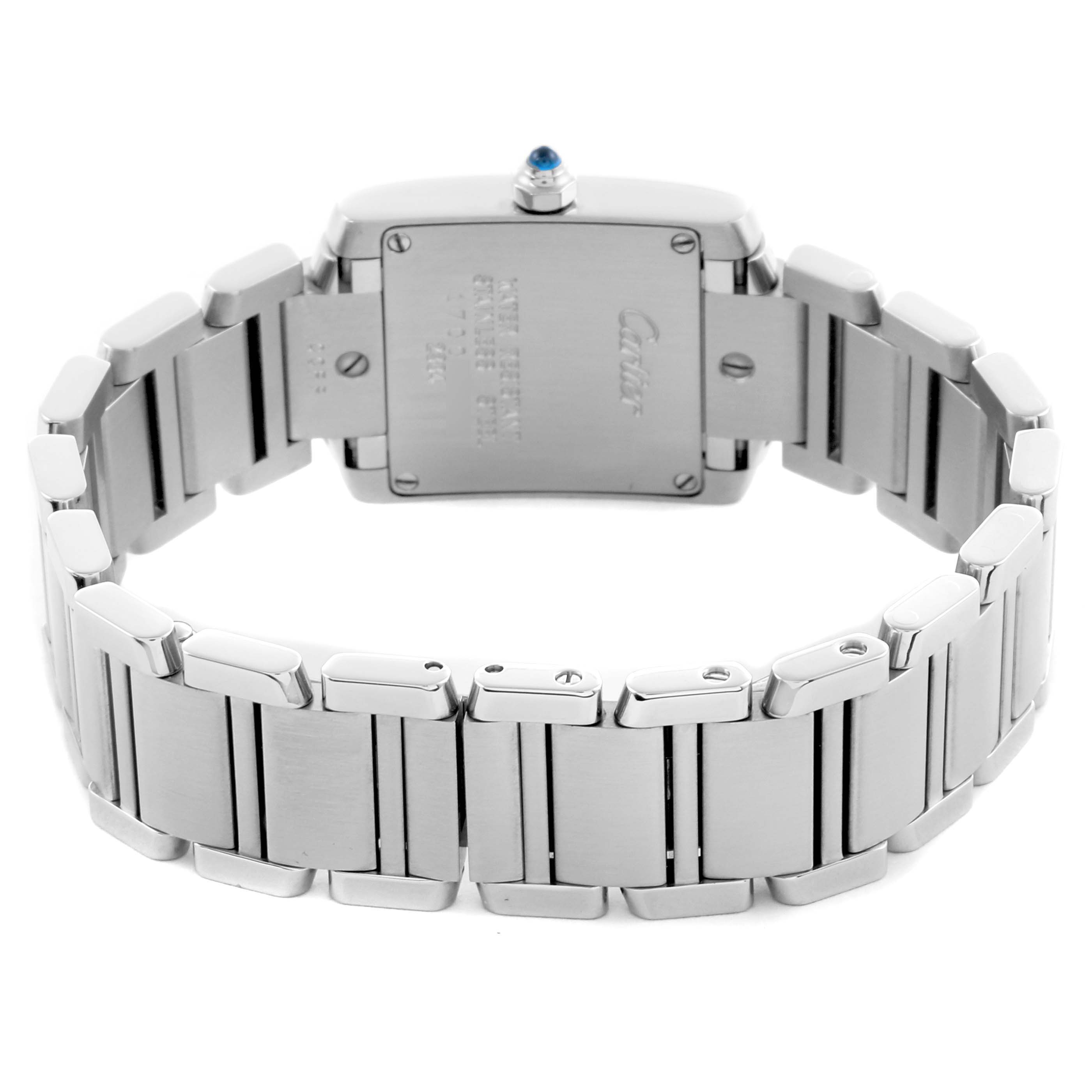 The image shows the back of the Cartier Tank Française watch and its stainless steel bracelet.