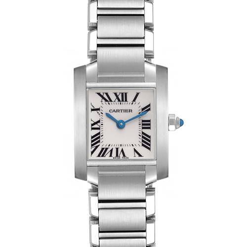 The Cartier Tank Francaise watch is shown from a front angle, displaying the face, bezel, bracelet, and crown.