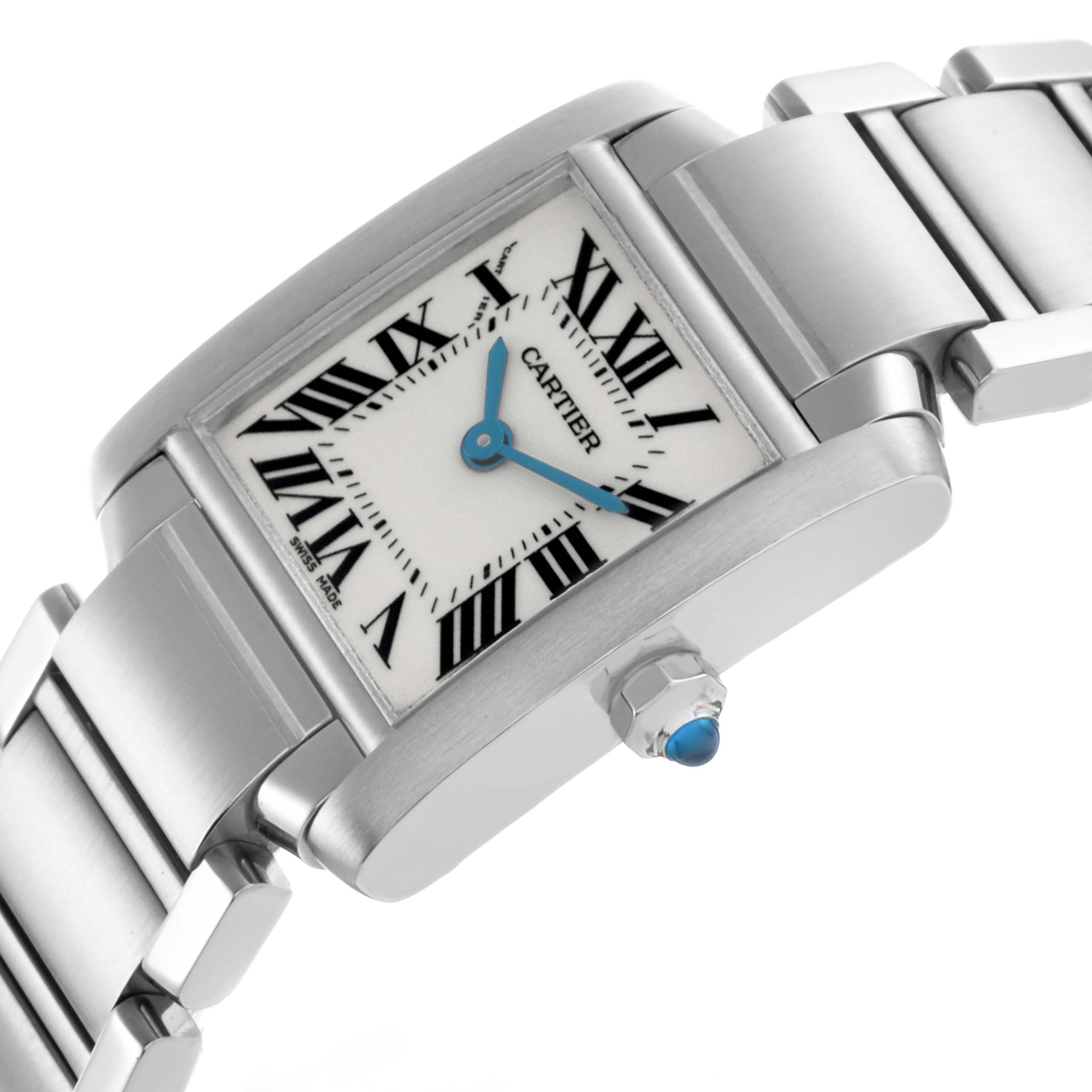 The Cartier Tank Française watch is shown at an angle highlighting the dial, crown, and part of the bracelet.
