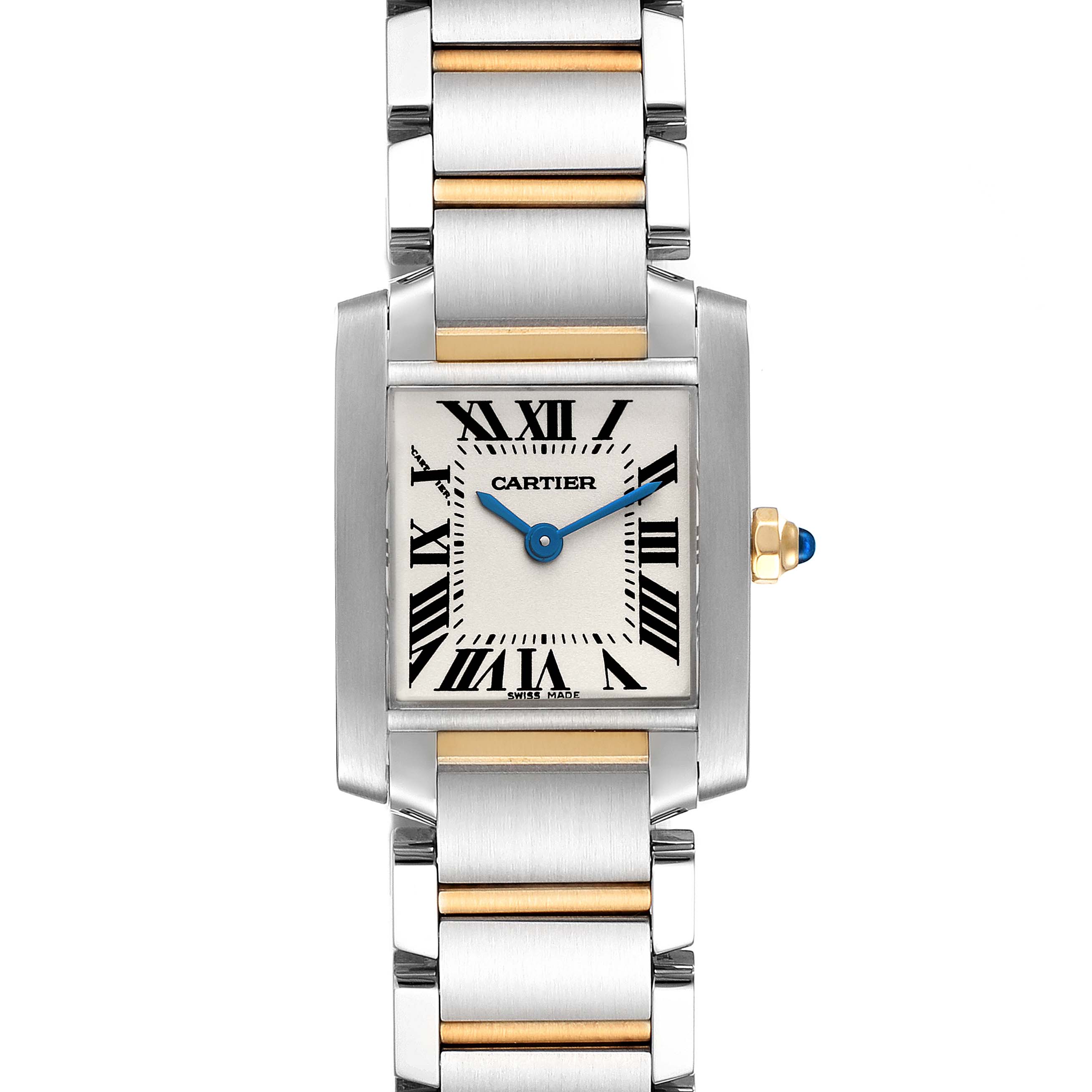 The image shows a frontal view of the Tank Francaise watch by Cartier, displaying its rectangular dial and metal bracelet.