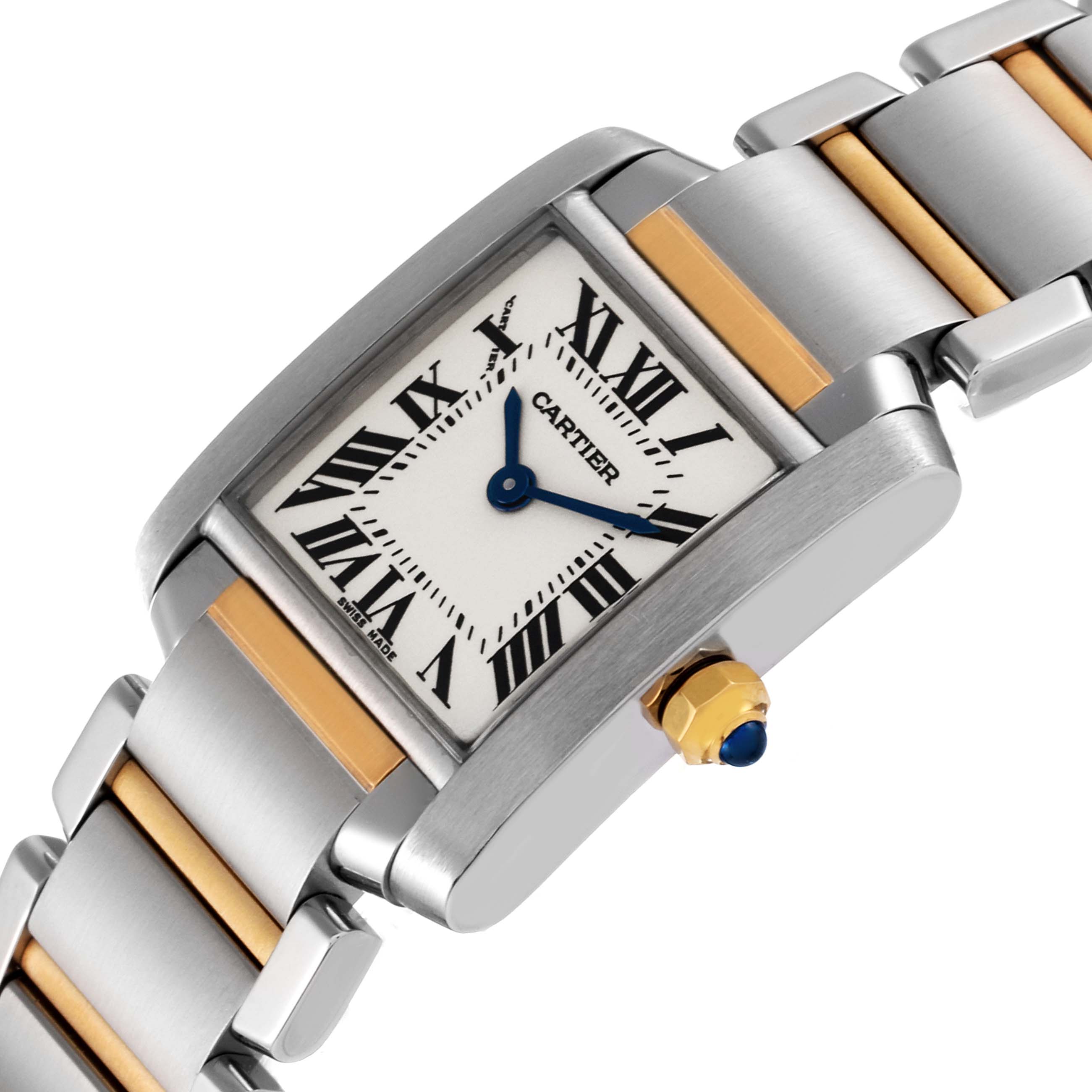 The Cartier Tank Francaise W51007Q4 Women's Steel and Gold (two tone) Silver Dial W51007Q4 Women's Steel and Gold (two tone) Silver Dial watch is shown at an angled close-up, highlighting its rectangular face, Roman numeral markers, and metal bracelet.