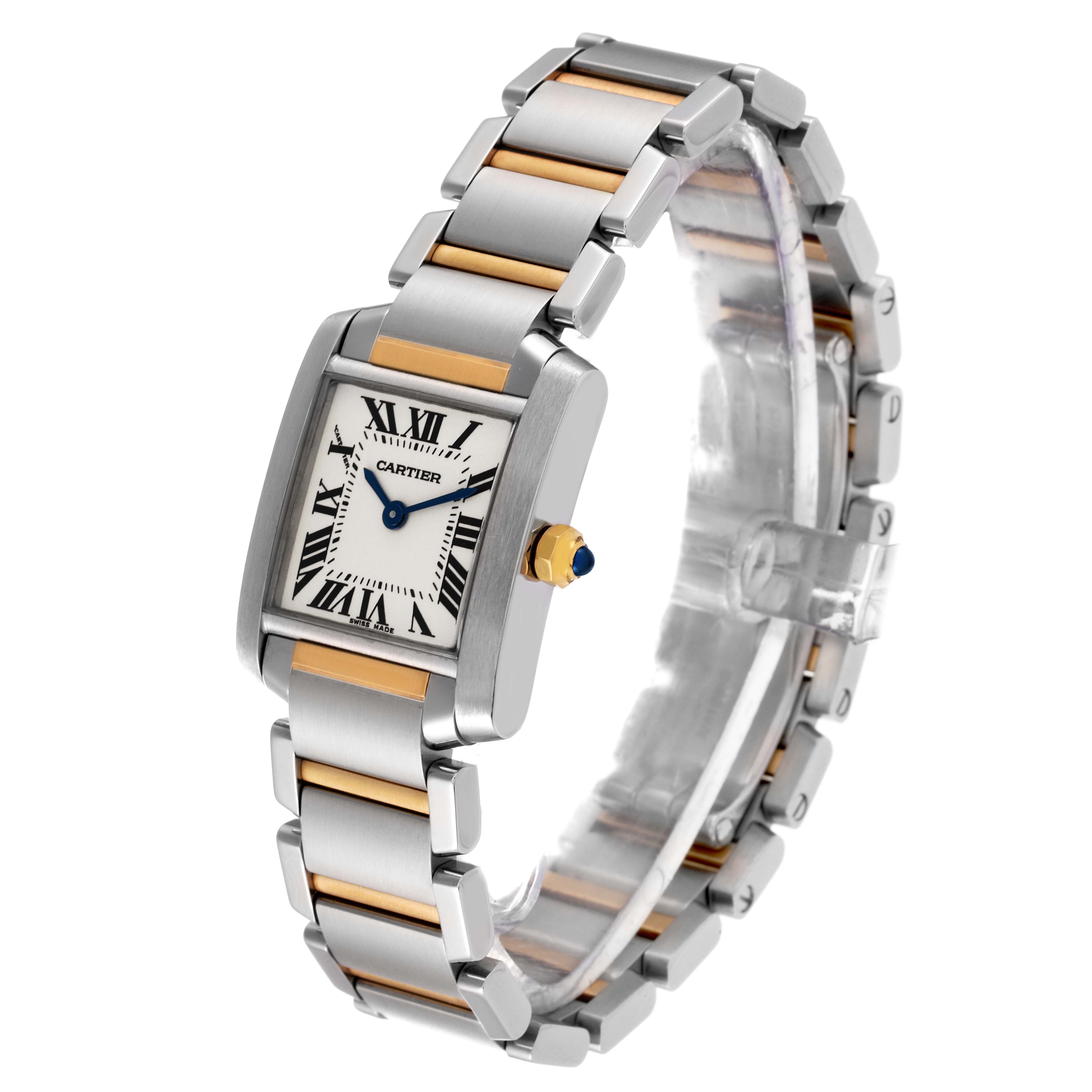 The image shows a Cartier Tank Française watch at a side angle, highlighting its face, bracelet, and crown.