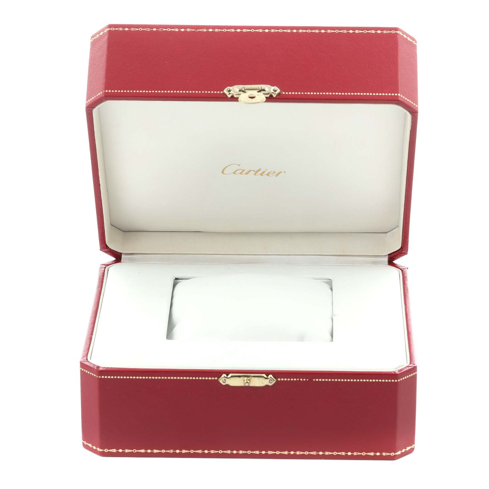 The image shows an open Cartier watch box for the Tank Francaise model, highlighting the brand logo inside the lid.