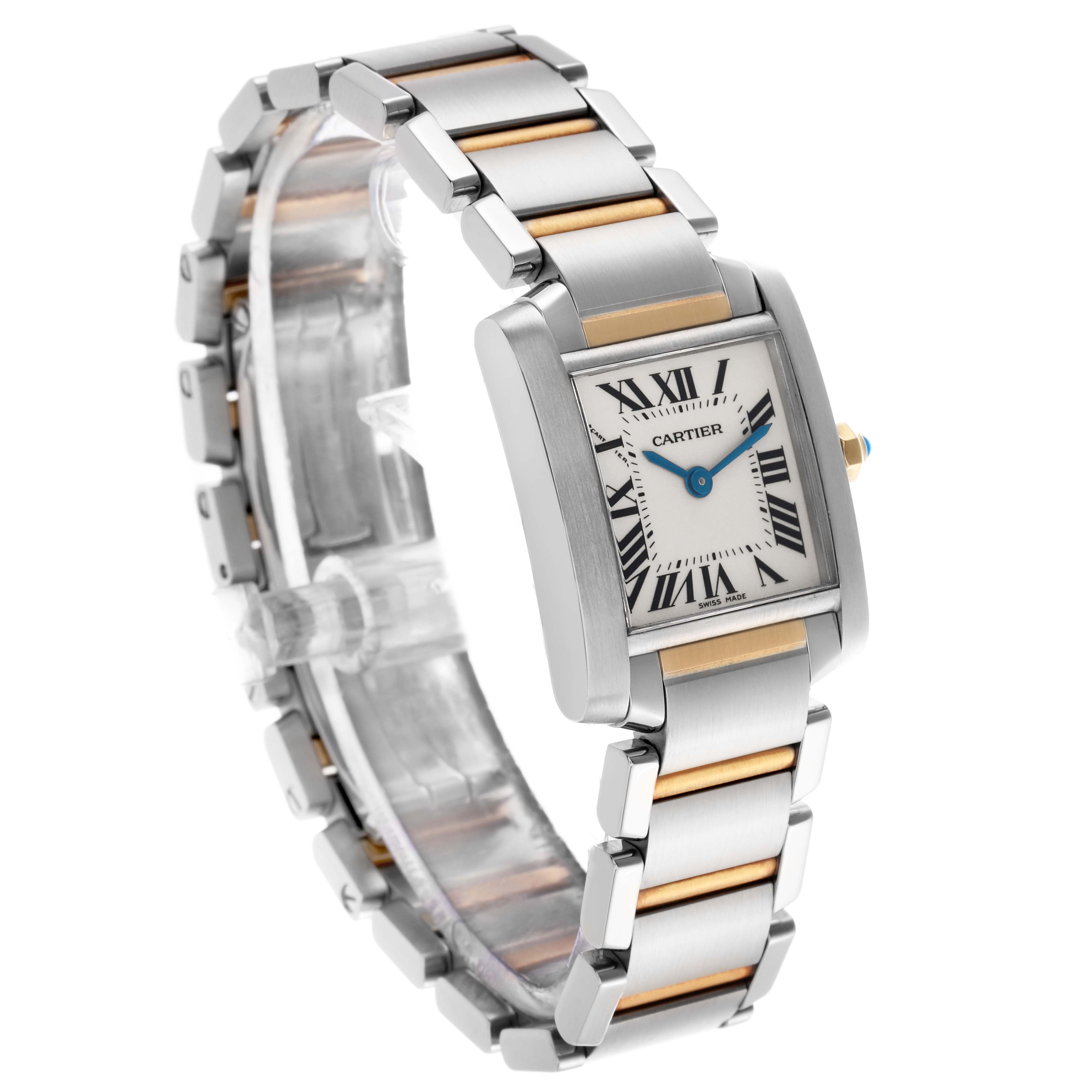 The Cartier Tank Française watch is shown at a three-quarter angle, highlighting its rectangular face and two-tone bracelet.