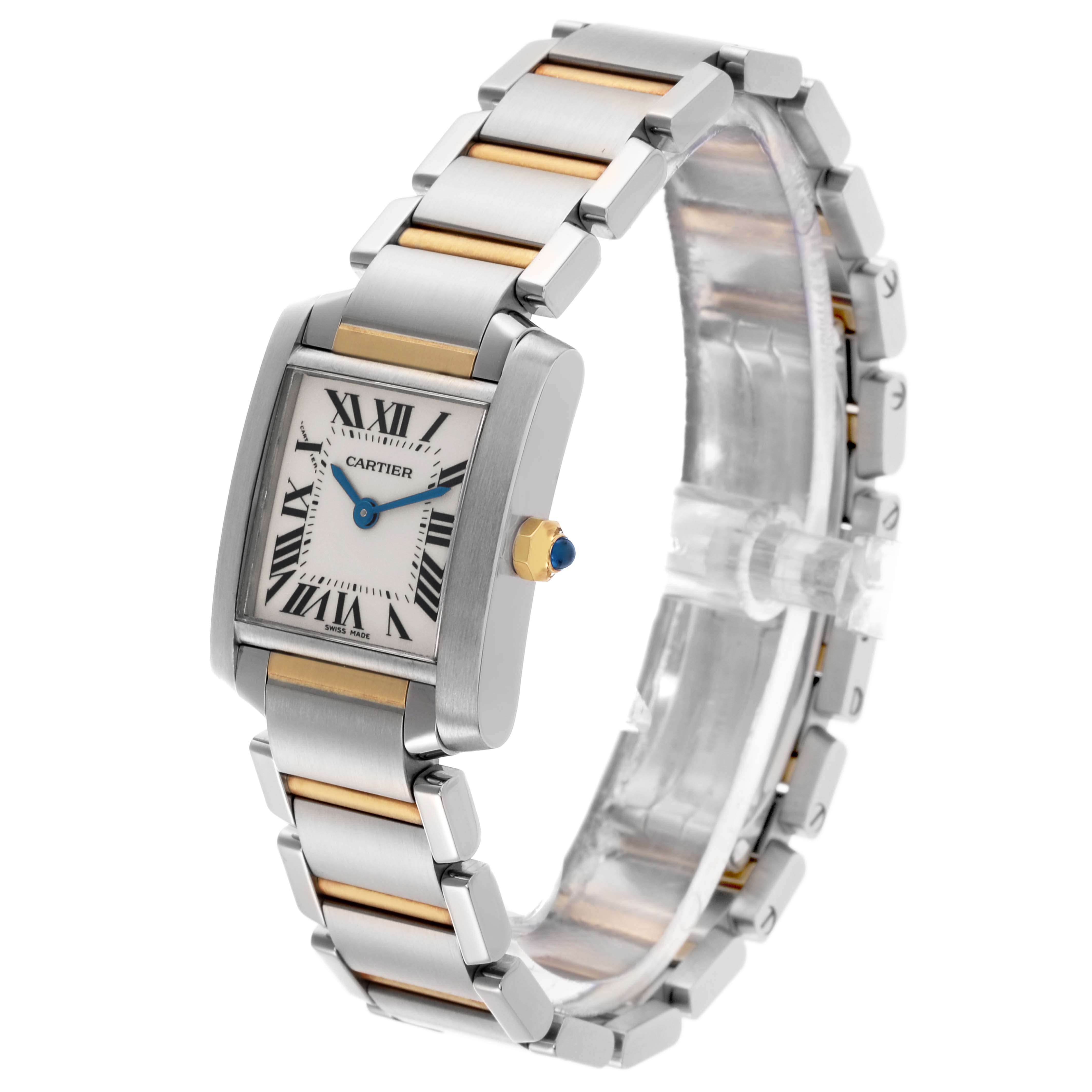 The Cartier Tank Francaise W51007Q4 Women's Steel and Gold (two tone) Silver Dial W51007Q4 Women's Steel and Gold (two tone) Silver Dial watch is shown at a slight angle, highlighting its rectangular face, Roman numerals, and two-tone bracelet.