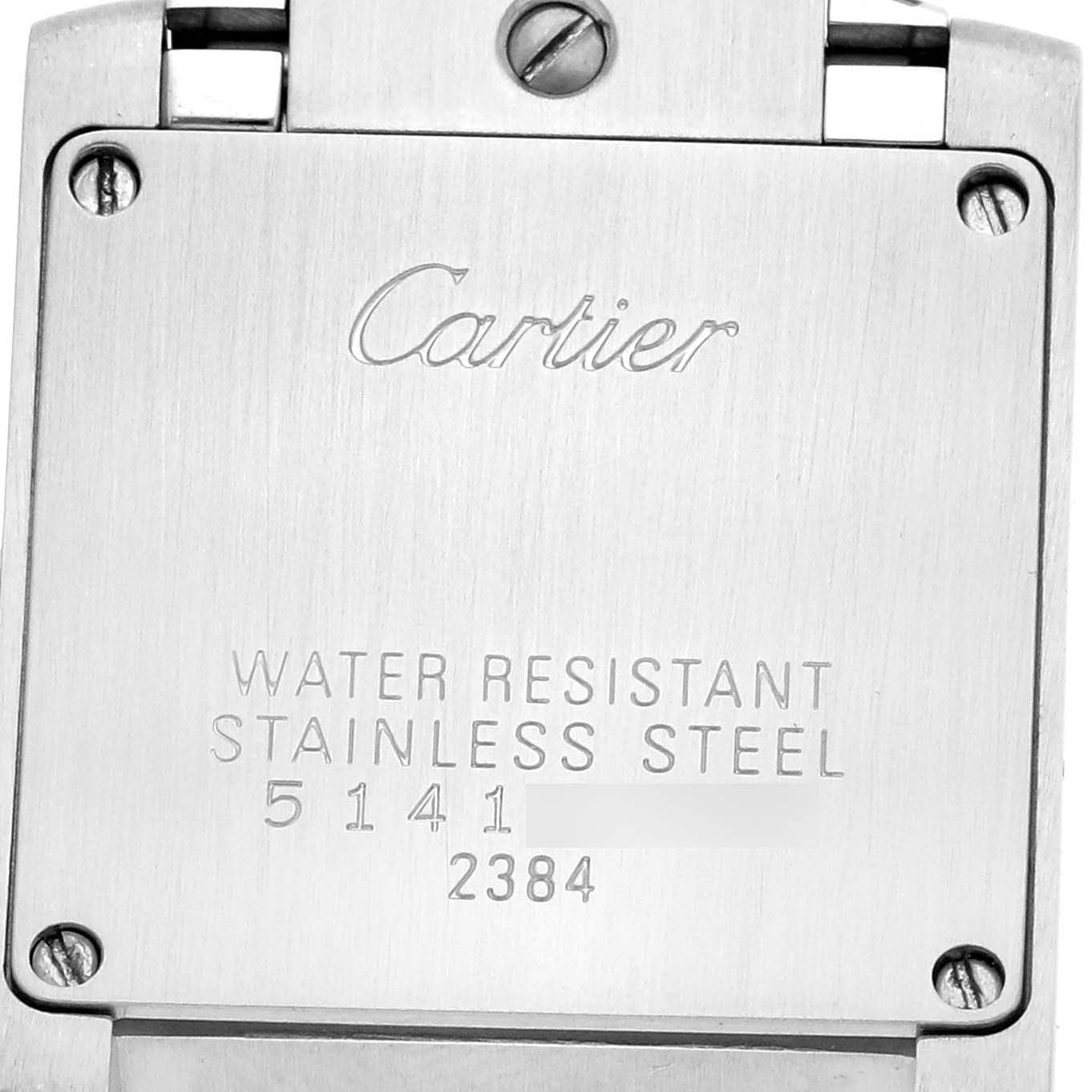 The image shows the back of a Cartier Tank Francaise W51007Q4 Women's Steel and Gold (two tone) Silver Dial W51007Q4 Women's Steel and Gold (two tone) Silver Dial watch, displaying the brand name and specifications.