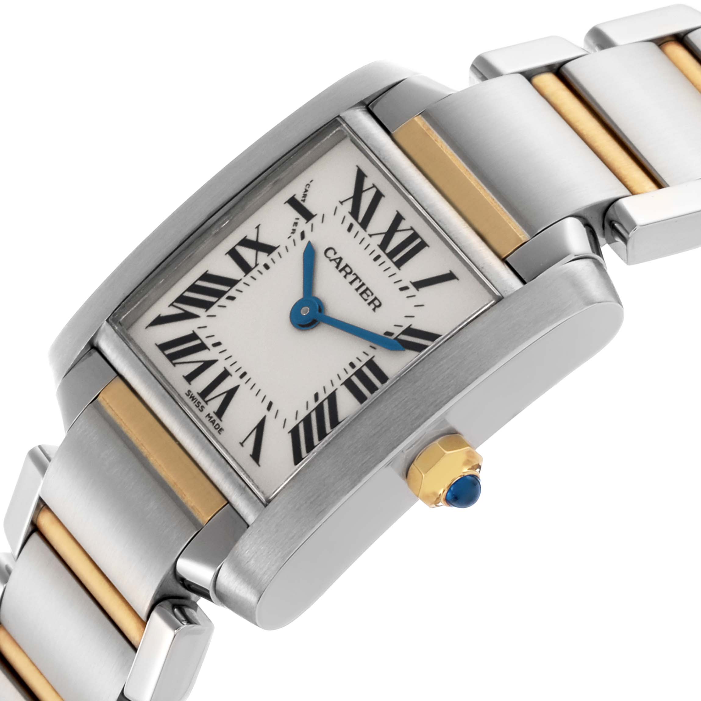 The Cartier Tank Française watch is shown at an angled view, highlighting the dial, crown, and part of the bracelet.