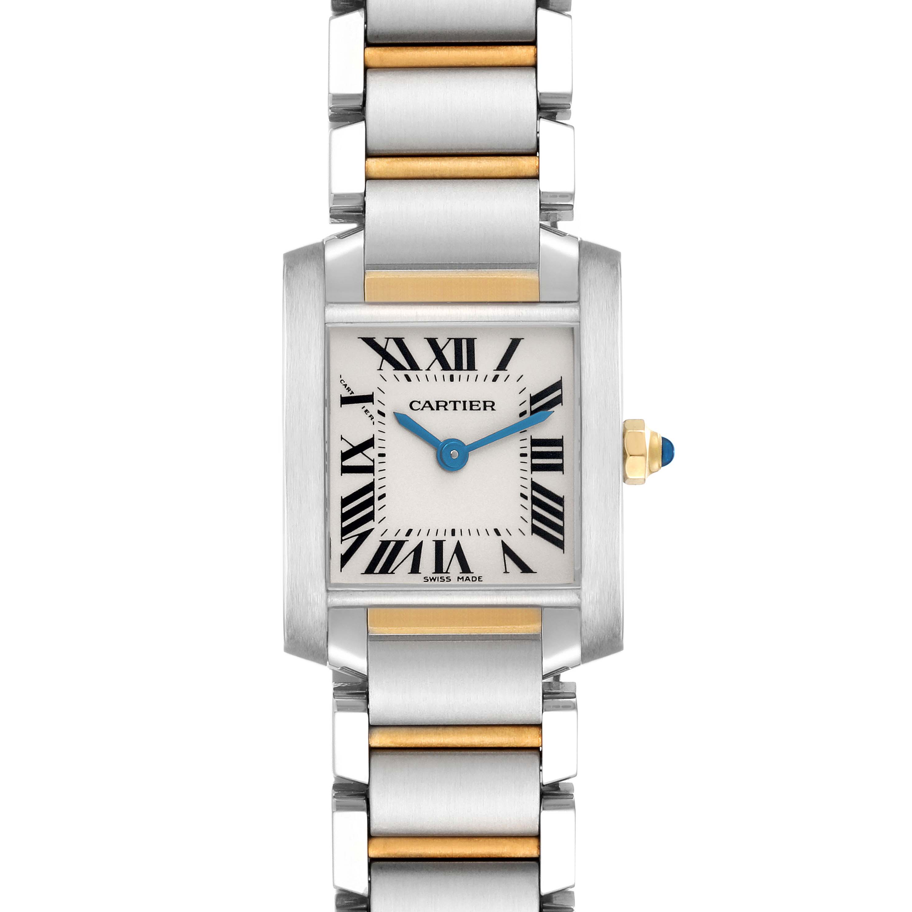 The Cartier Tank Francaise W51007Q4 Women's Steel and Gold (two tone) Silver Dial W51007Q4 Women's Steel and Gold (two tone) Silver Dial watch is shown from a frontal angle, highlighting its face, dual-tone bracelet, and crown with a blue cabochon.