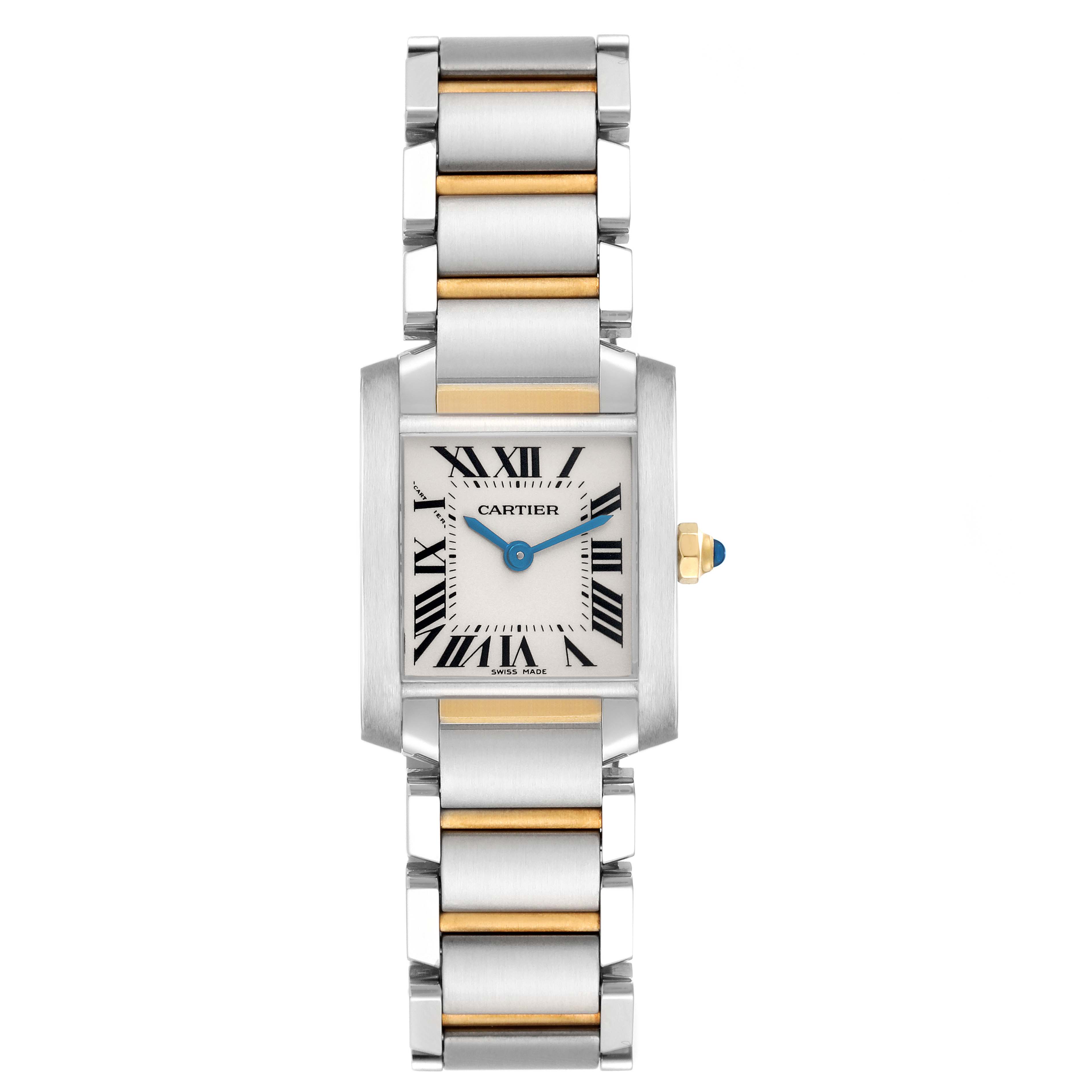 The Cartier Tank Française watch is shown from the front, highlighting the face and full bracelet.