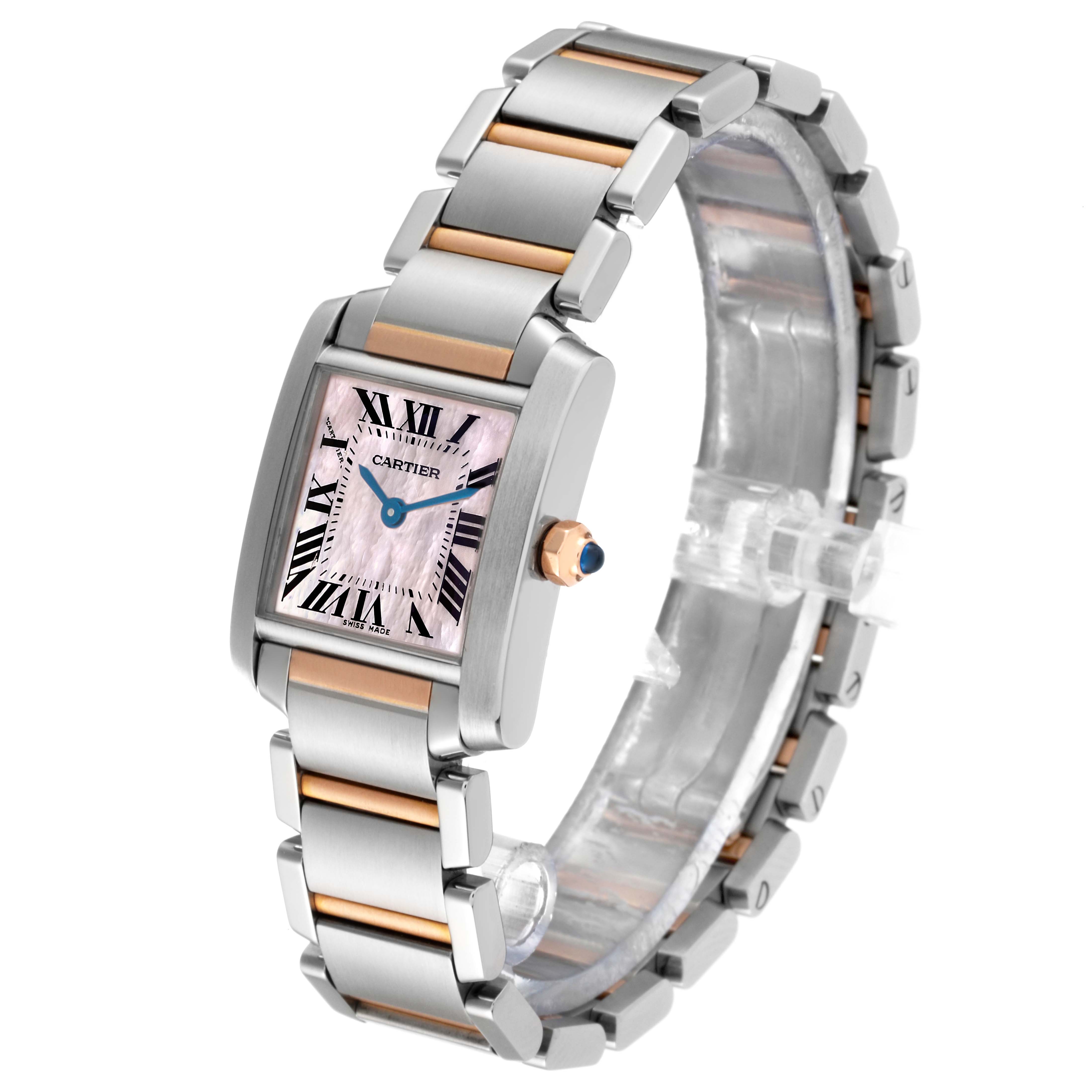 The image shows a Cartier Tank Francaise W51027Q4 Women's Steel and Gold (two tone) Mother of Pearl Dial W51027Q4 Women's Steel and Gold (two tone) Mother of Pearl Dial watch at a three-quarters angle, highlighting its face and two-tone metal bracelet.