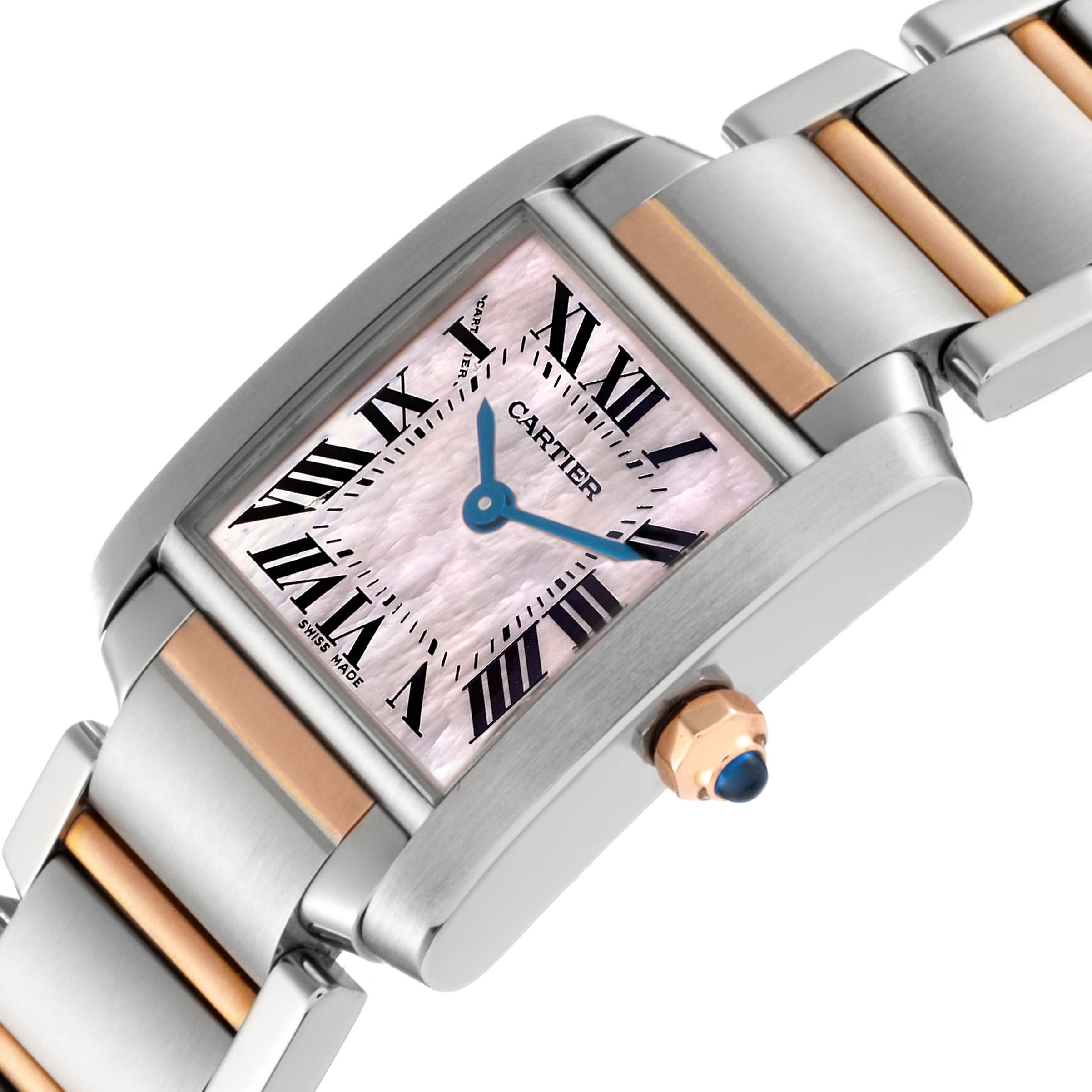 This image shows a Cartier Tank Française watch at an angled view, highlighting its silver and gold band and rectangular face.