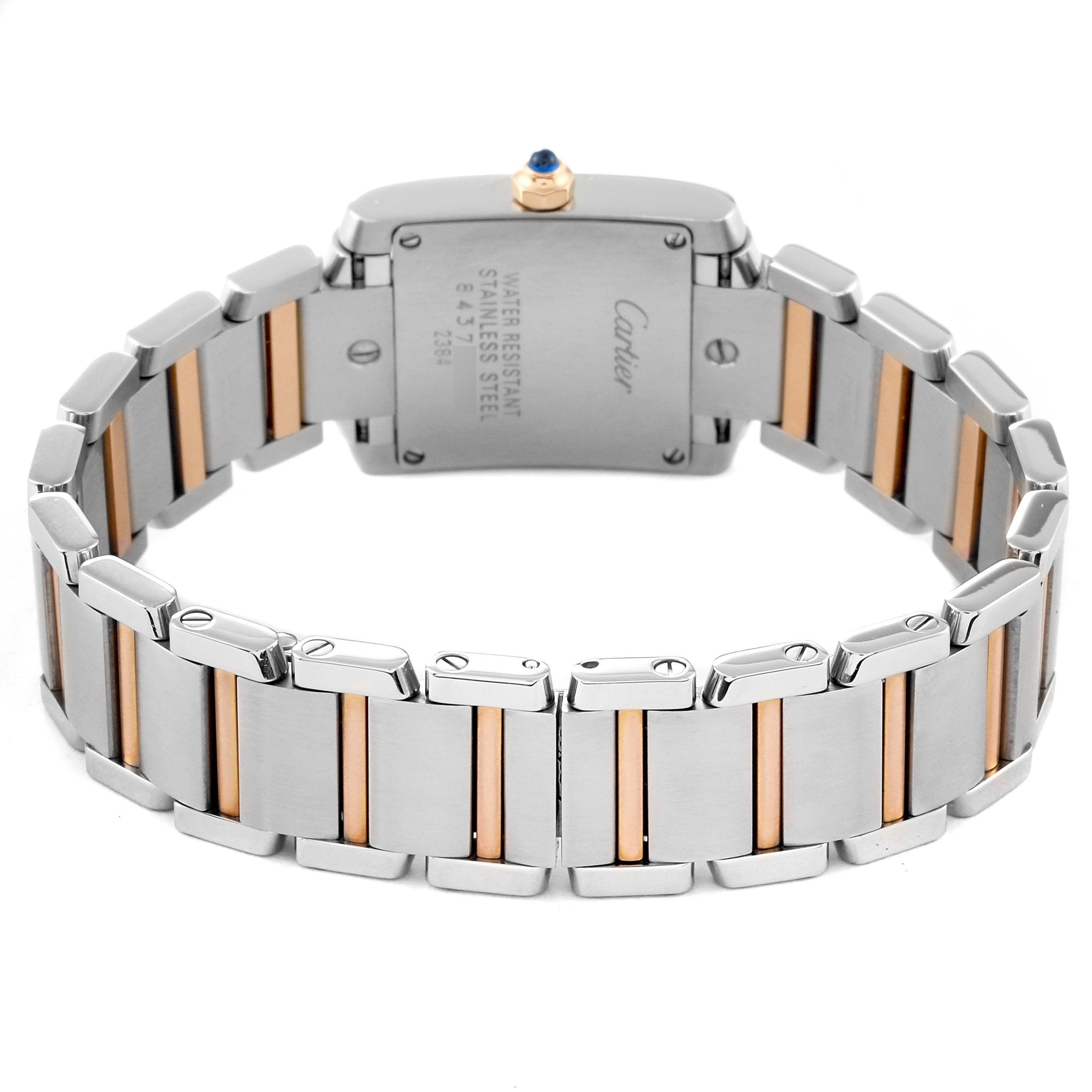 This image shows the back view of a Cartier Tank Francaise W51027Q4 Women's Steel and Gold (two tone) Mother of Pearl Dial W51027Q4 Women's Steel and Gold (two tone) Mother of Pearl Dial watch, highlighting its stainless steel and gold bracelet.