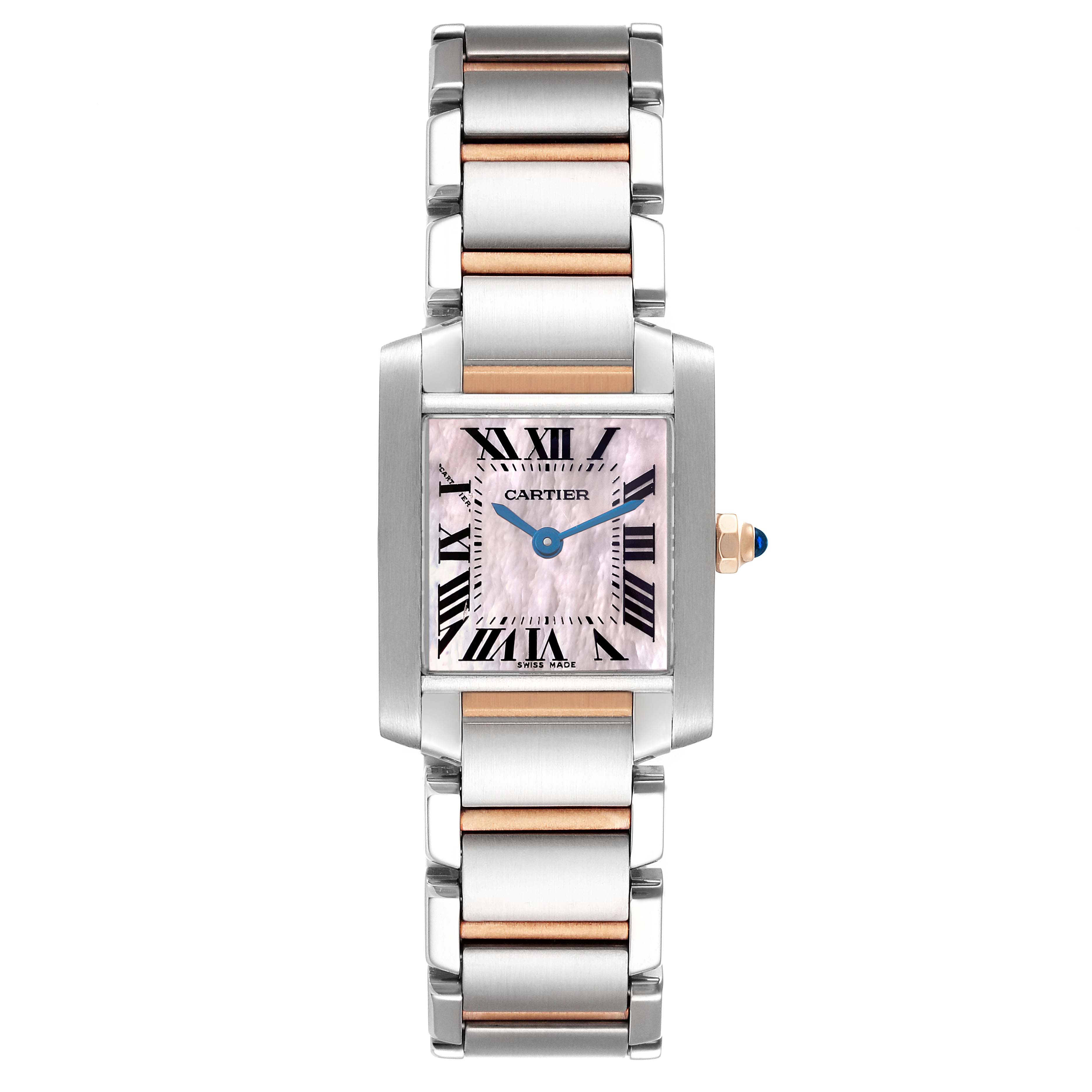 The Cartier Tank Française watch is shown from a top-down angle, highlighting its face, bezel, and bracelet.