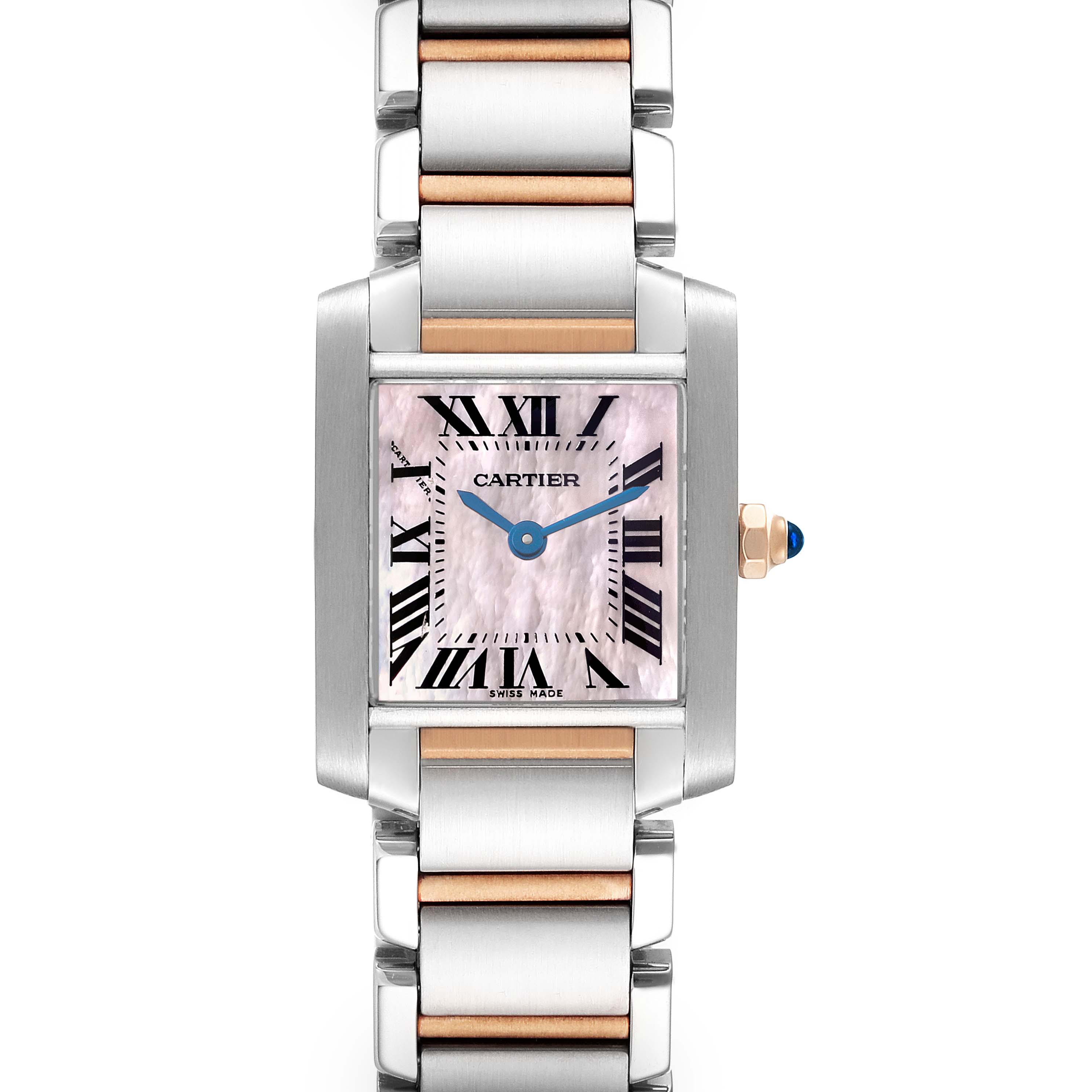 This image shows a Cartier Tank Francaise W51027Q4 Women's Steel and Gold (two tone) Mother of Pearl Dial W51027Q4 Women's Steel and Gold (two tone) Mother of Pearl Dial watch from a front angle, highlighting the dial, hands, and part of the bracelet.