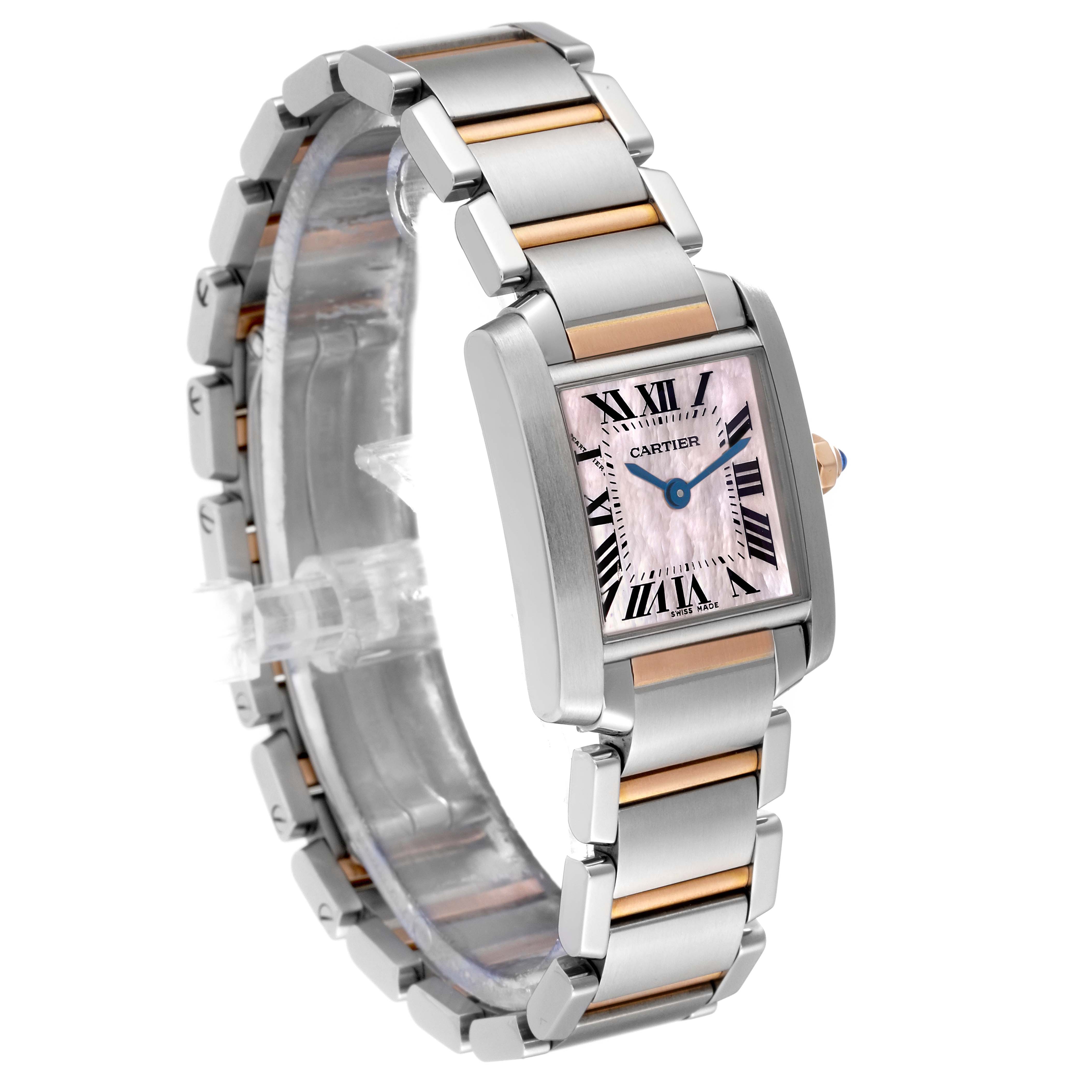 The image shows a Cartier Tank Française model watch from a three-quarter angle, highlighting the watch face and the two-tone metal bracelet.