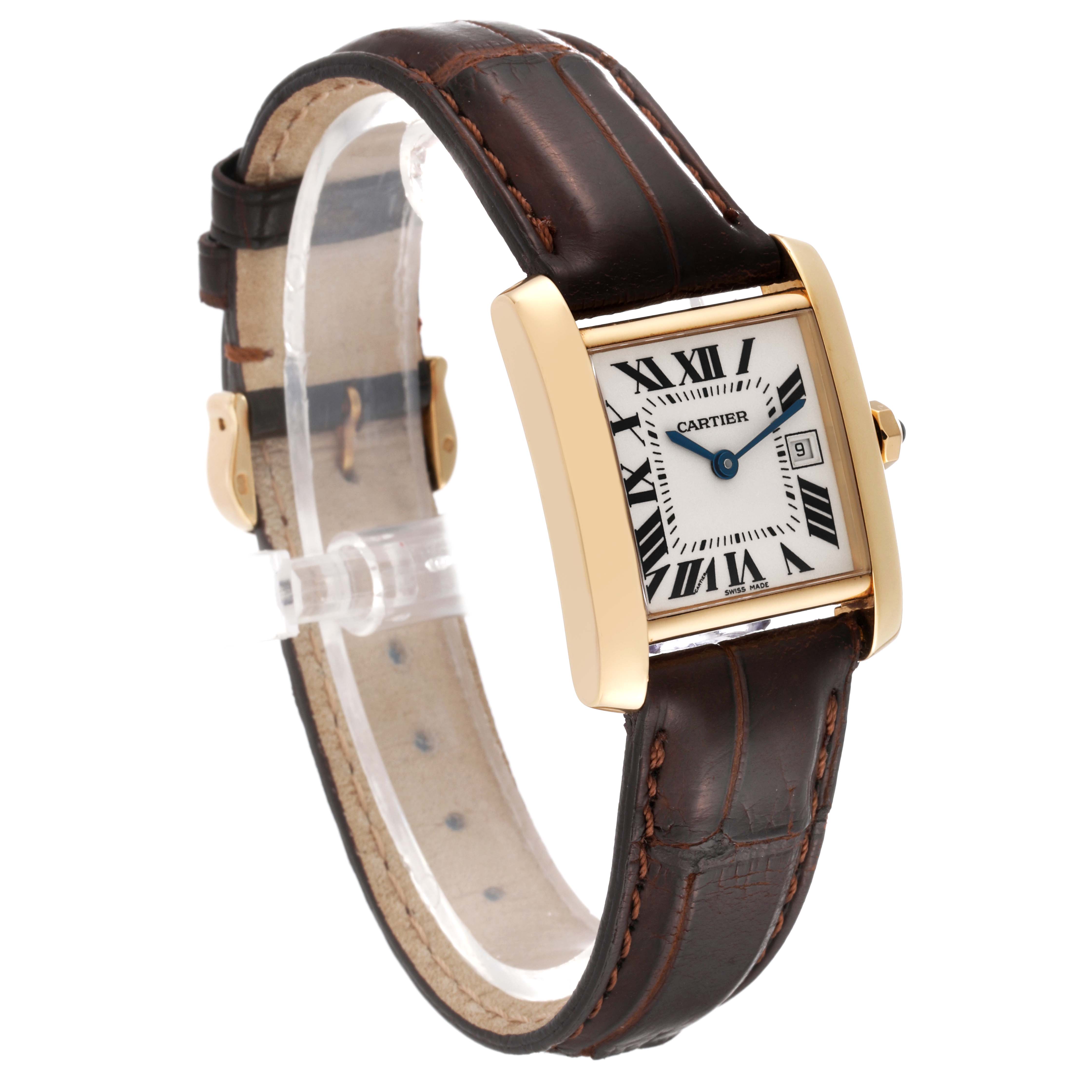 The Cartier Tank Francaise W5001456 Women's Yellow Gold Silver Dial W5001456 Women's Yellow Gold Silver Dial watch is shown at a left-side angle, highlighting its face, strap, and gold rectangular case.