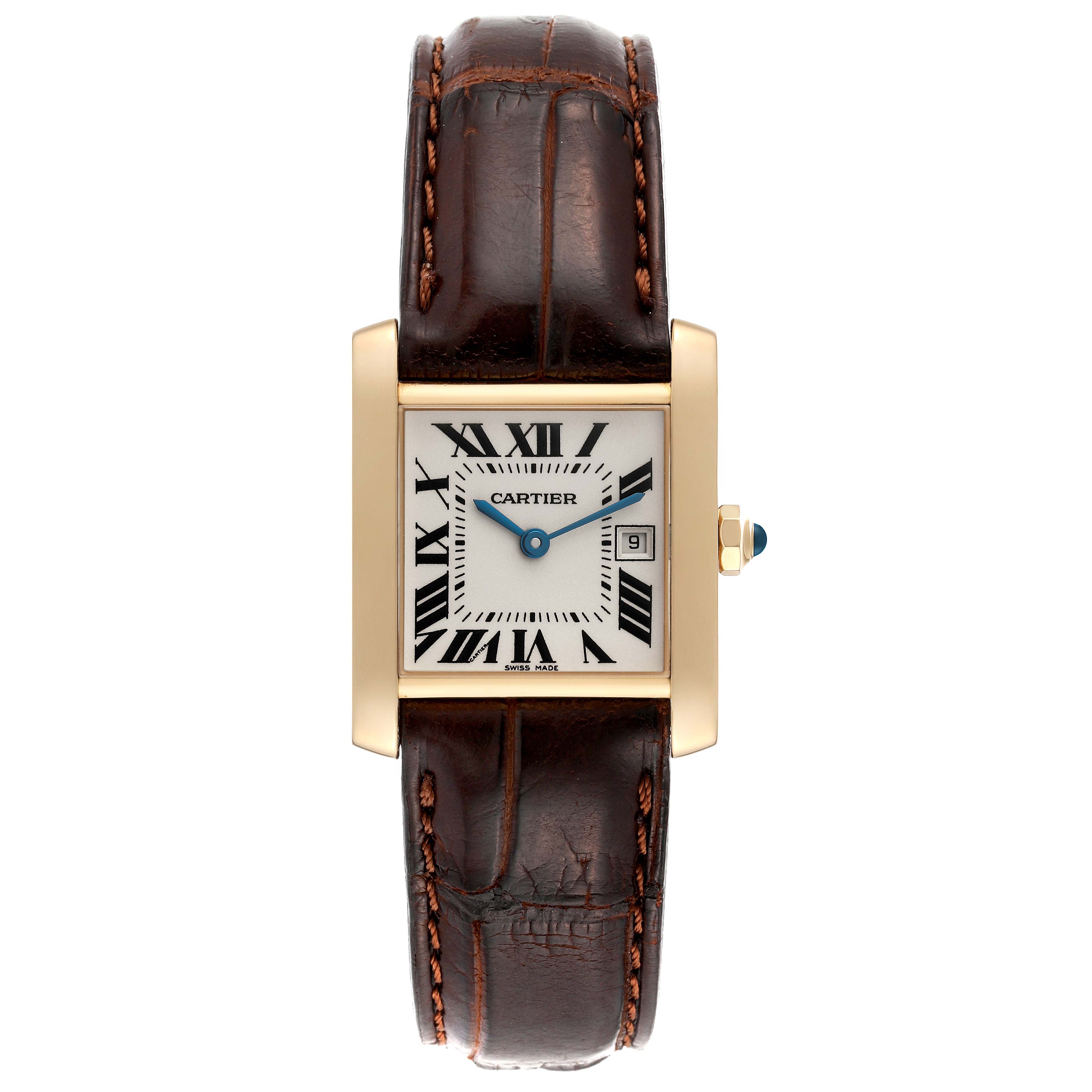 The Cartier Tank Française watch is shown from a top angle, displaying the face, dial, case, crown, and strap.