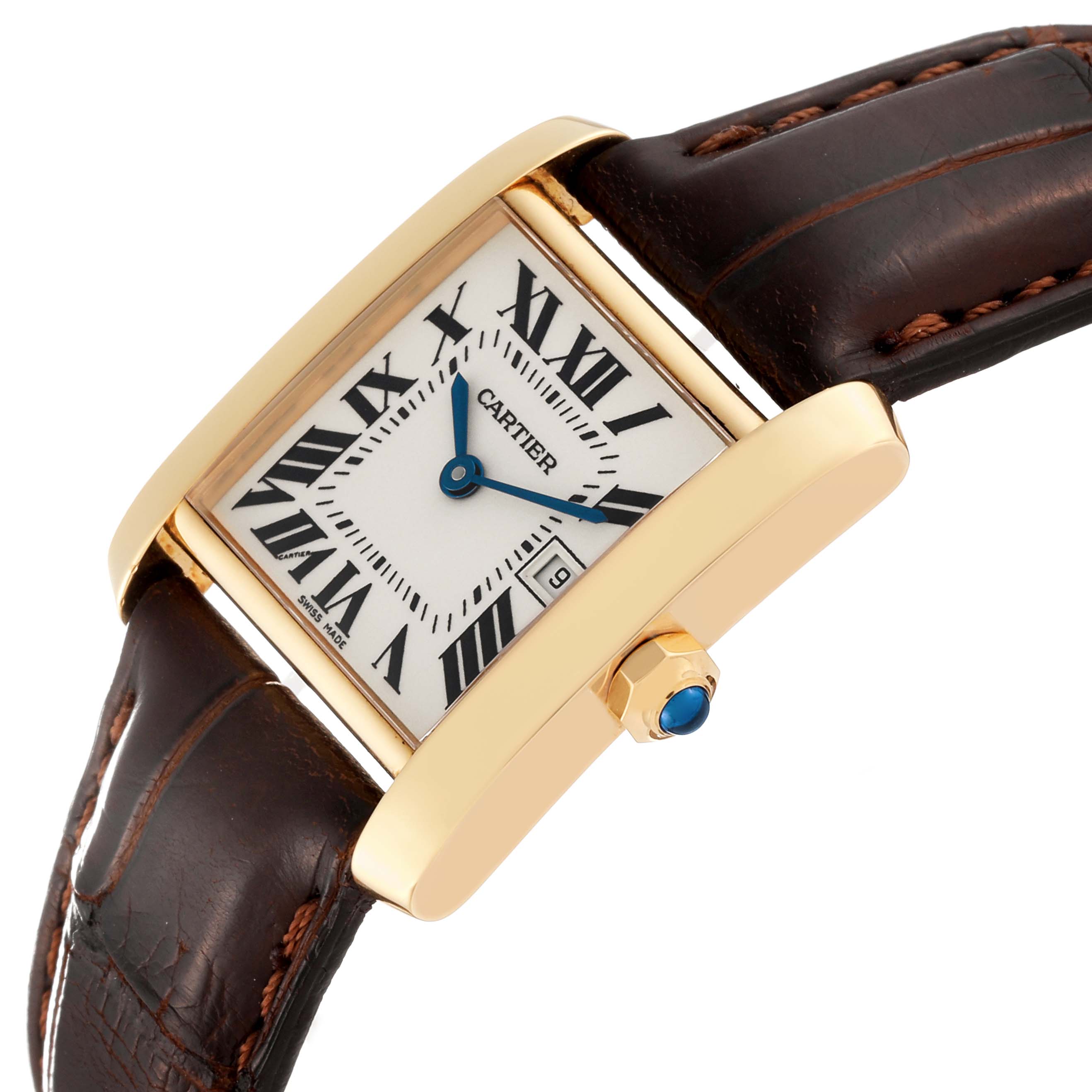 The Cartier Tank Francaise W5001456 Women's Yellow Gold Silver Dial W5001456 Women's Yellow Gold Silver Dial watch is shown at an angle highlighting its face, gold casing, crown with blue jewel, and brown leather strap.