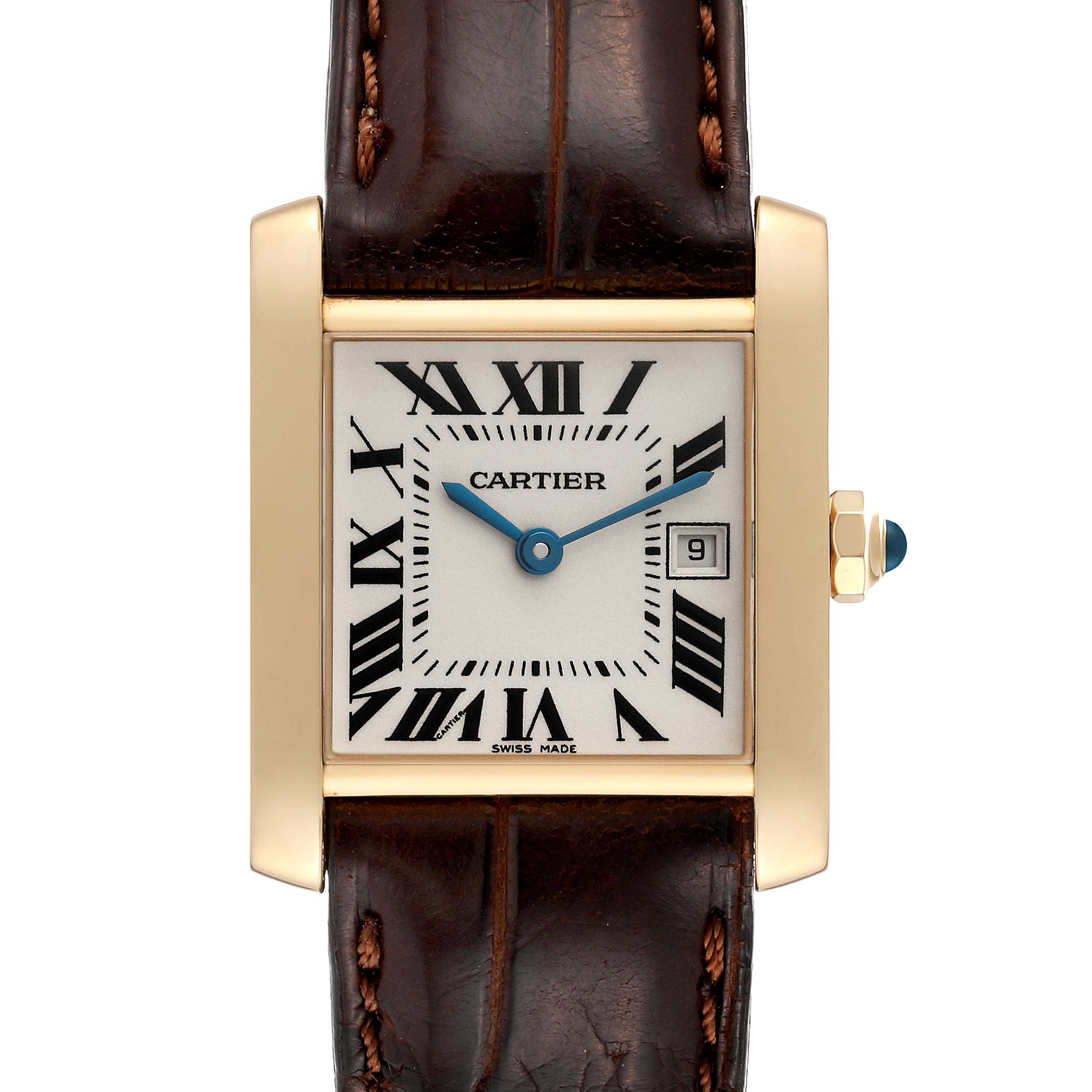 This image shows a front-facing view of a Cartier Tank Française watch with a leather strap, Roman numerals, and a date window at 3 o'clock.