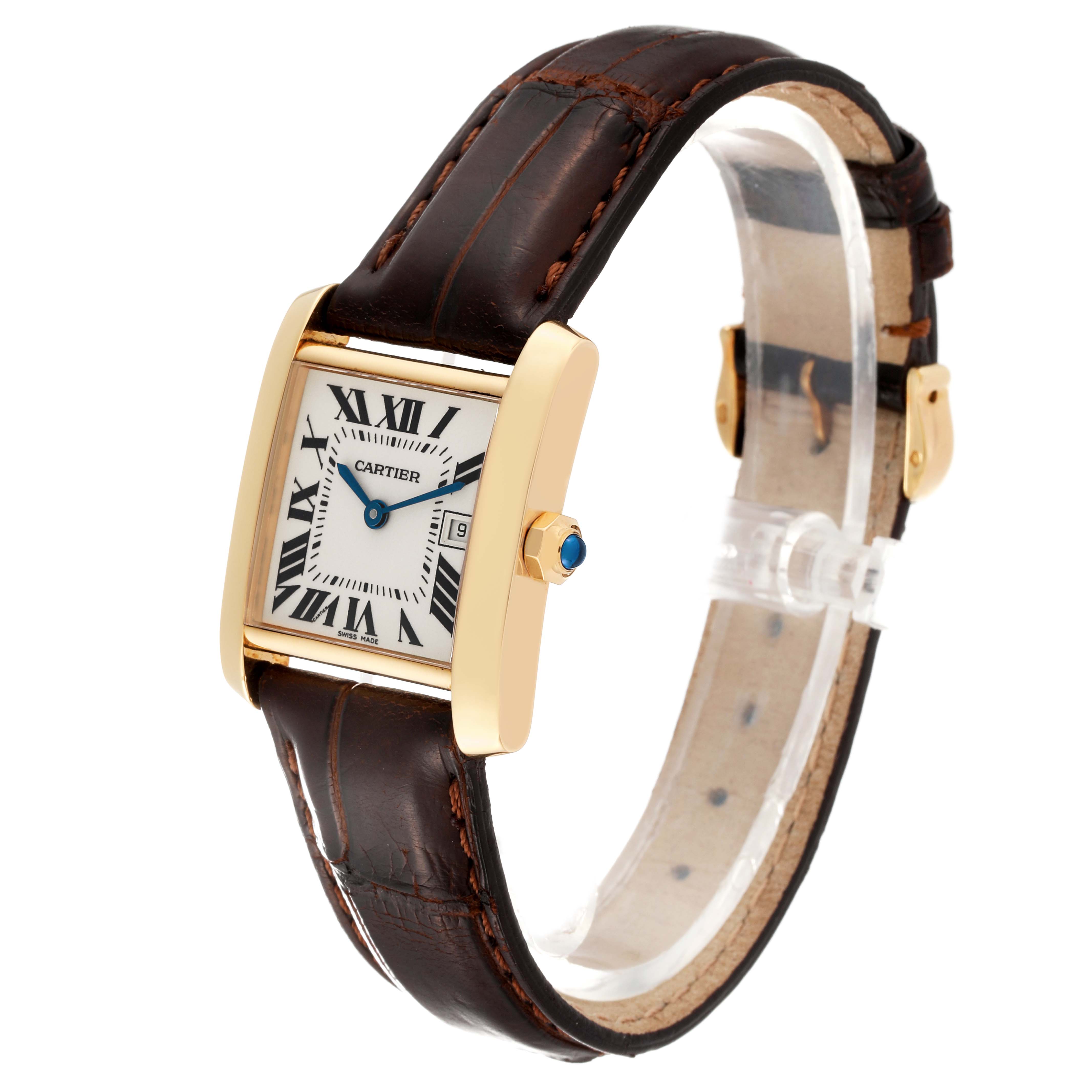 This image shows a Cartier Tank Francaise W5001456 Women's Yellow Gold Silver Dial W5001456 Women's Yellow Gold Silver Dial watch at a slight angle, displaying the face, strap, and gold casing.