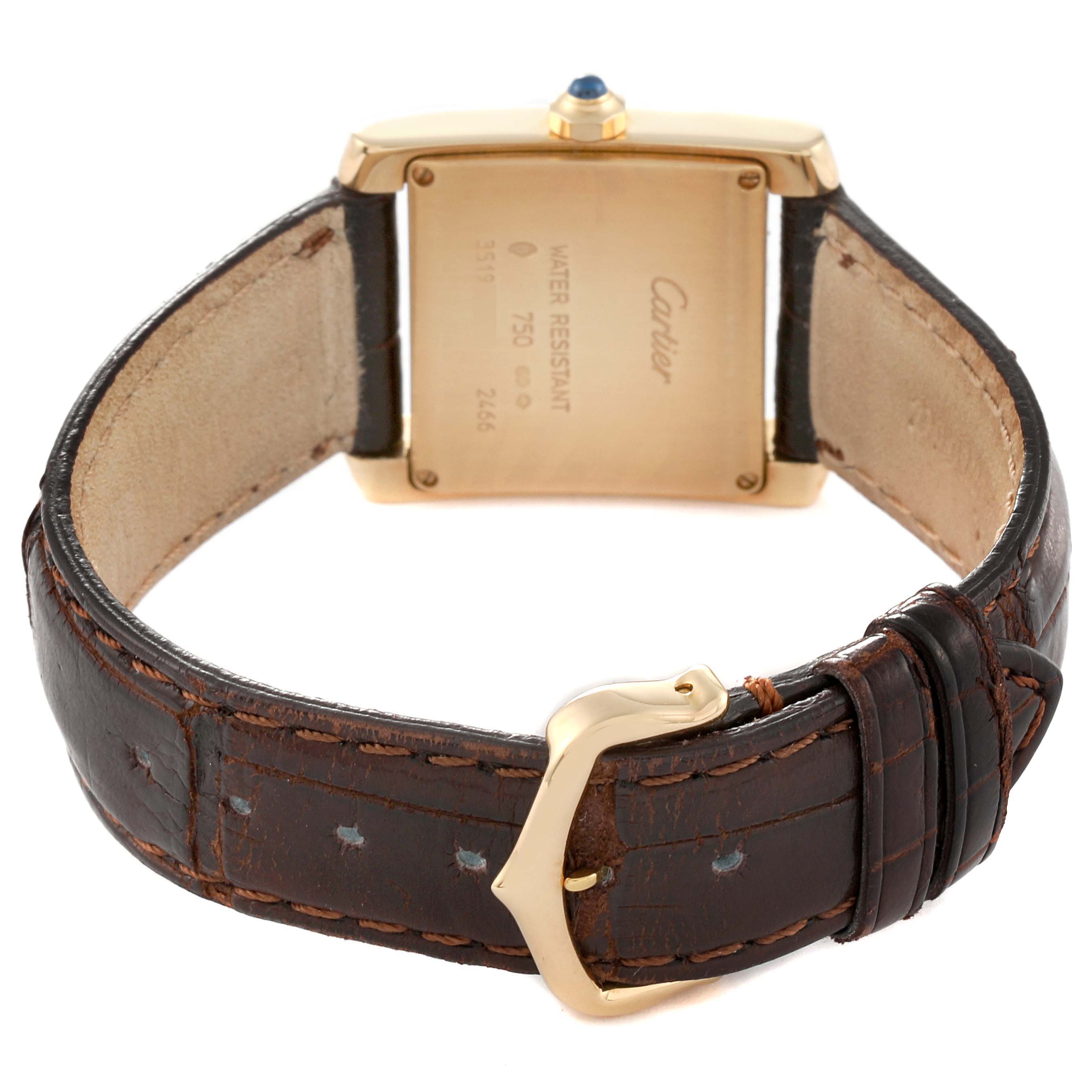 The image shows the back view of a Cartier Tank Francaise W5001456 Women's Yellow Gold Silver Dial W5001456 Women's Yellow Gold Silver Dial watch, featuring the case back, leather strap, and buckle.