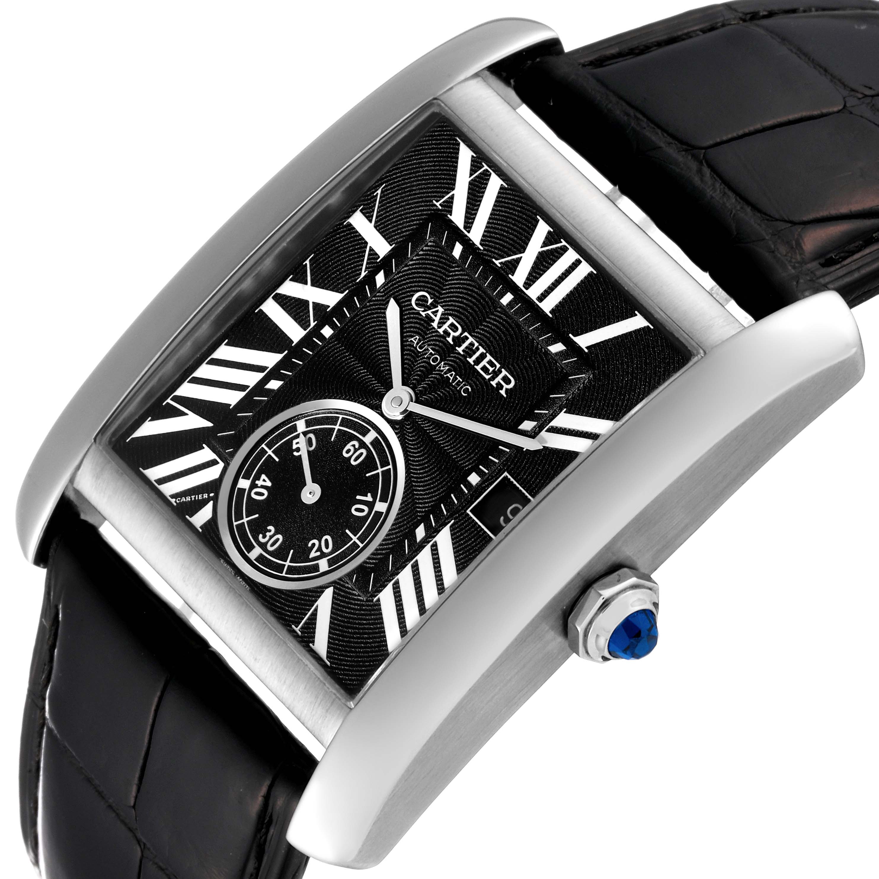 This image shows a close-up of the Cartier Tank MC W5330004 Men
s Stainless Steel Black Dial W5330004 Men
s Stainless Steel Black Dial watch face, crown, and part of the black leather strap.