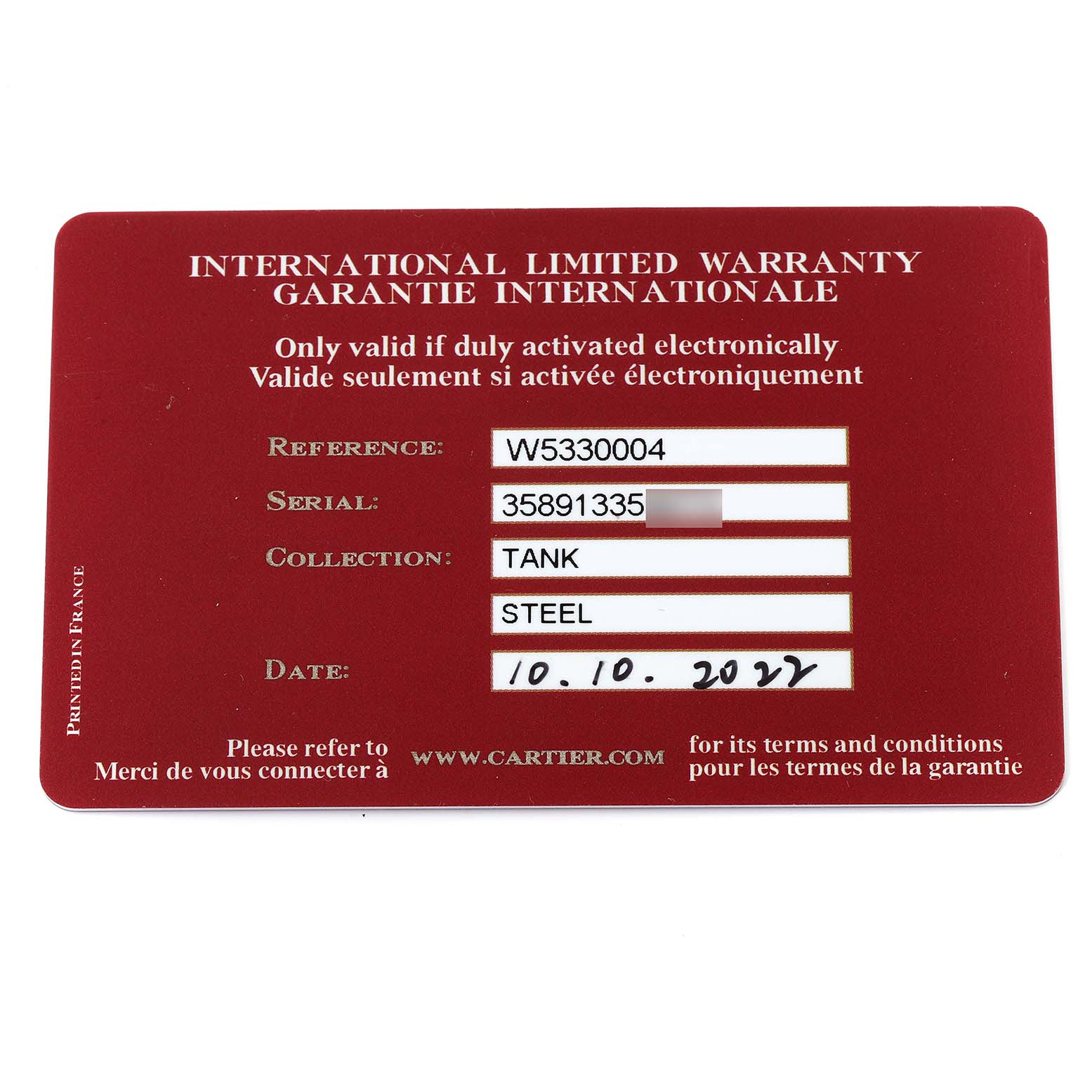 The image shows an international limited warranty card for the Cartier Tank MC W5330004 Men
s Stainless Steel Black Dial W5330004 Men
s Stainless Steel Black Dial watch.